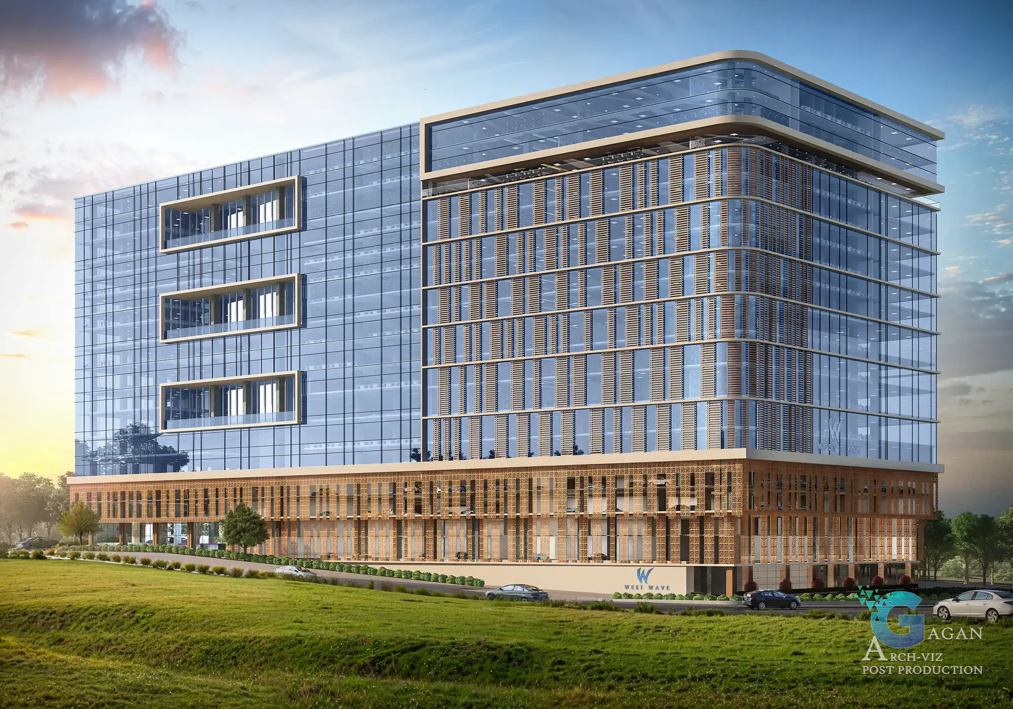 Photorealistic 3D rendering of a modern multi-story office building named 'WAVE,' showcasing a sleek architectural design with glass and metal panels on its facade. The building features large windows in a grid-like pattern and an open lower level surrounded by greenery. Cars are parked in front of the building, and the foreground includes a grassy area adding natural contrast. Post-production edits emphasize realistic reflections on the glass surfaces, sharp textures on the metal paneling, and vibrant lighting effects, creating a polished, lifelike visualization