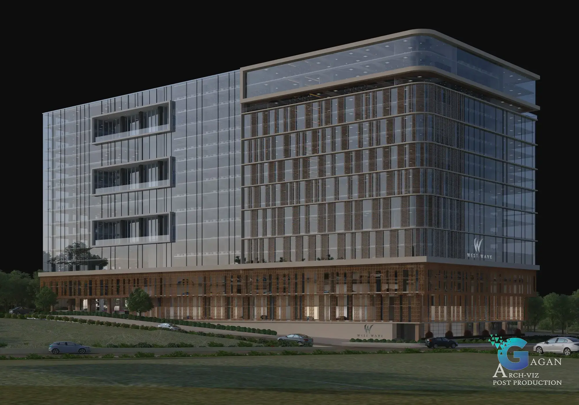 Photorealistic 3D rendering of a contemporary multi-story building named 'West Wave,' showcasing a blend of glass and metal design elements. The building features expansive windows, horizontal slats for shading, and a sleek geometric structure. Surrounding the building are landscaped greenery and a few parked cars, adding depth and context to the urban setting. Post-production enhancements highlight realistic lighting effects, vibrant reflections on glass surfaces, and textured finishes on the facade, creating a lifelike and professional architectural visualization
