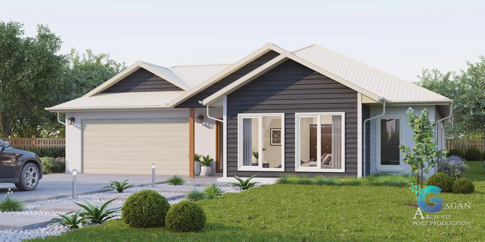 Photorealistic 3D rendering of a modern single-story house with a light-colored sloped roof and a combination of light and dark exterior walls. The house features large front-facing windows, offering ample natural light to the interior. A paved driveway leads to a double garage, with a car parked in the driveway. The landscaped front yard is adorned with neatly maintained bushes, shrubs, and small trees. Post-production edits emphasize realistic textures on the exterior surfaces, vibrant greenery, and balanced lighting for a polished, lifelike architectural visualization