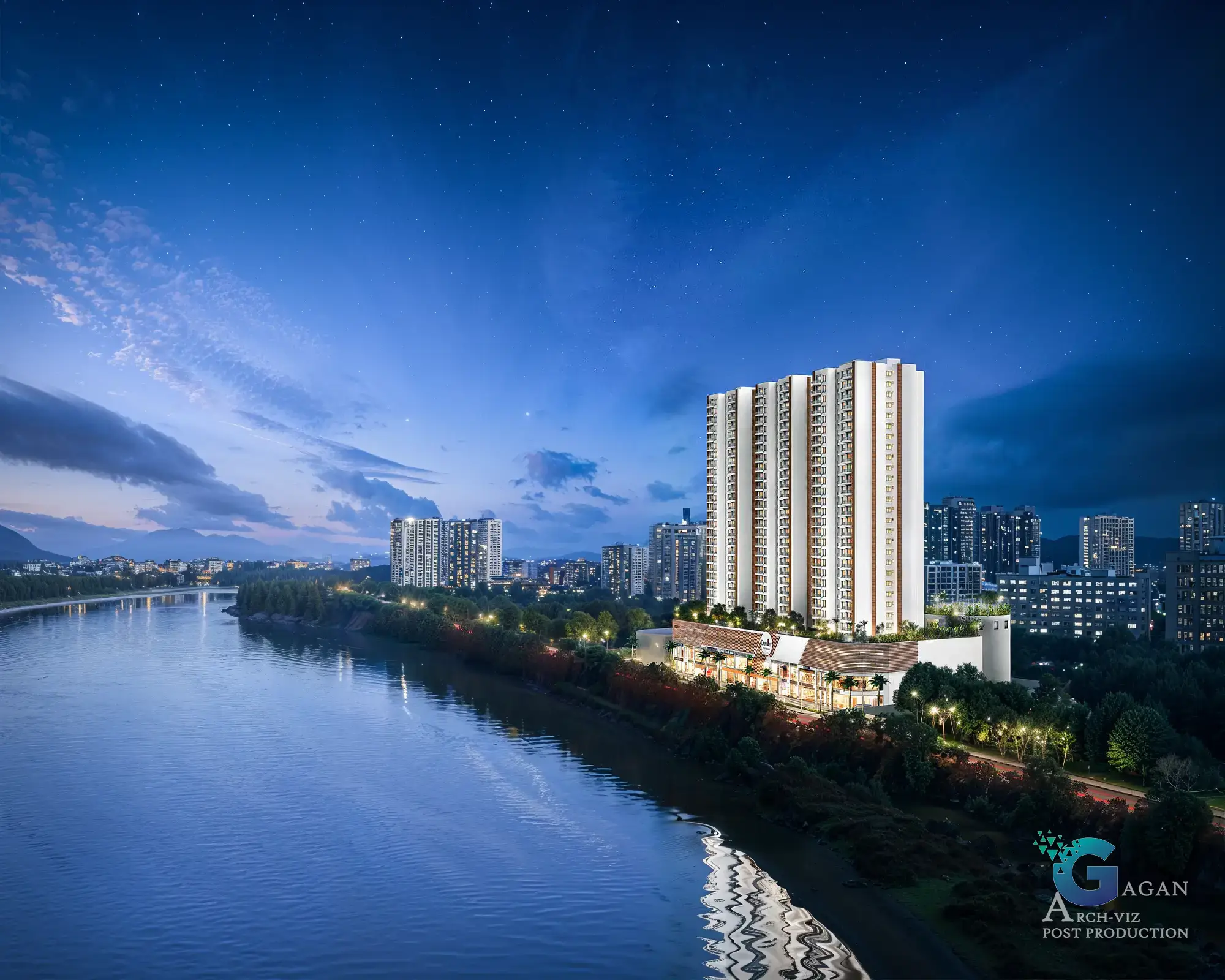 Photorealistic 3D rendering of a modern residential skyscraper standing tall by a serene river, illuminated against a starry night sky. The sleek building features expansive glass windows and angular design elements that reflect the glow of artificial lights onto the water below. Surrounding greenery and a well-lit pathway along the riverbank add depth to the urban landscape. Post-production edits enhance vibrant lighting effects, sharp textures, and lifelike reflections, creating a polished and professional visualization