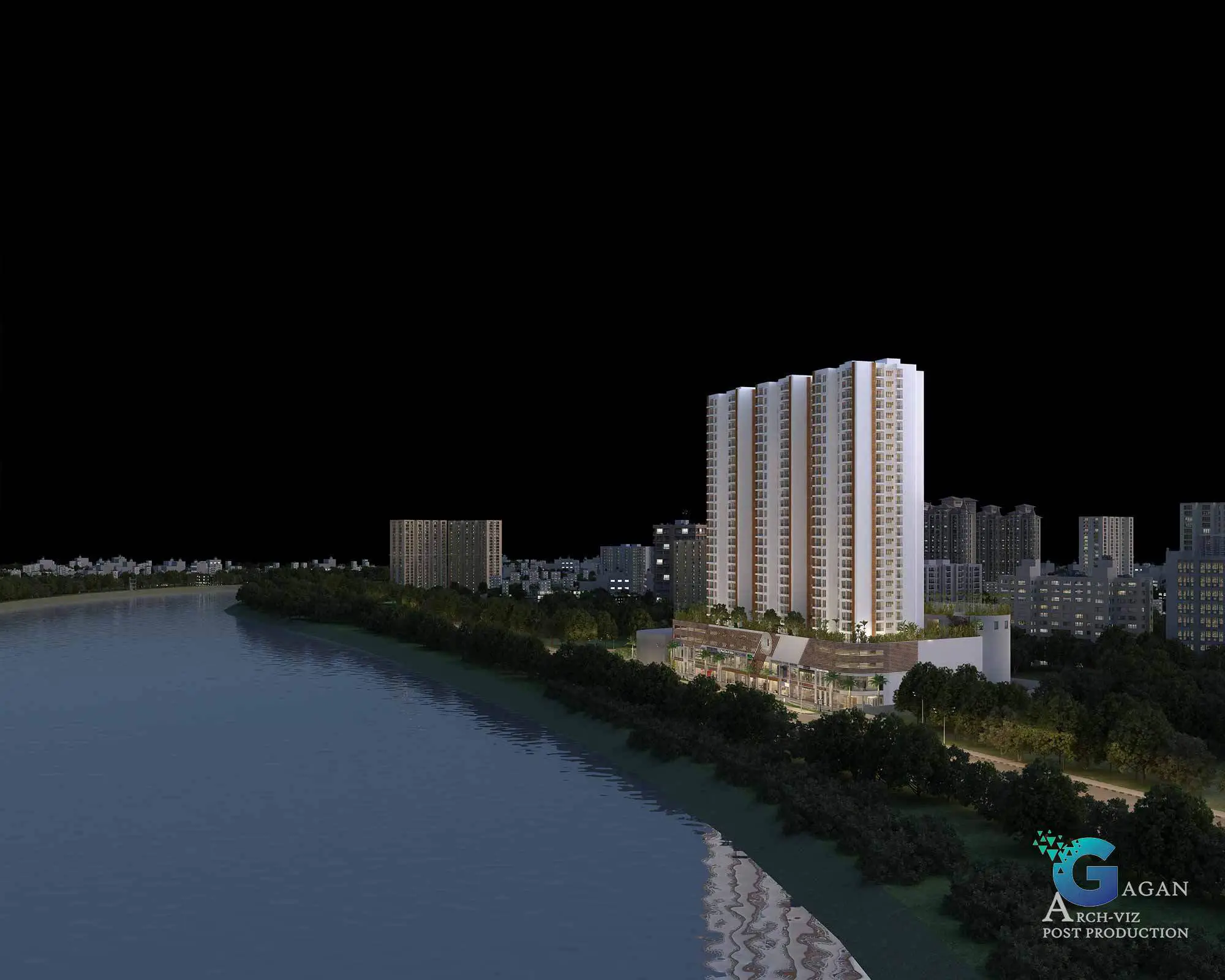 Photorealistic 3D rendering of a nighttime cityscape, dominated by a tall, modern residential building with multiple illuminated towers, reflecting in the calm river in the foreground. Smaller surrounding buildings, dense trees along the riverbank, and the interplay of light and shadow create a harmonious urban setting. Post-production techniques highlight the vibrant lighting effects, lifelike reflections in the water, and rich textures, producing a polished and professional architectural visualization