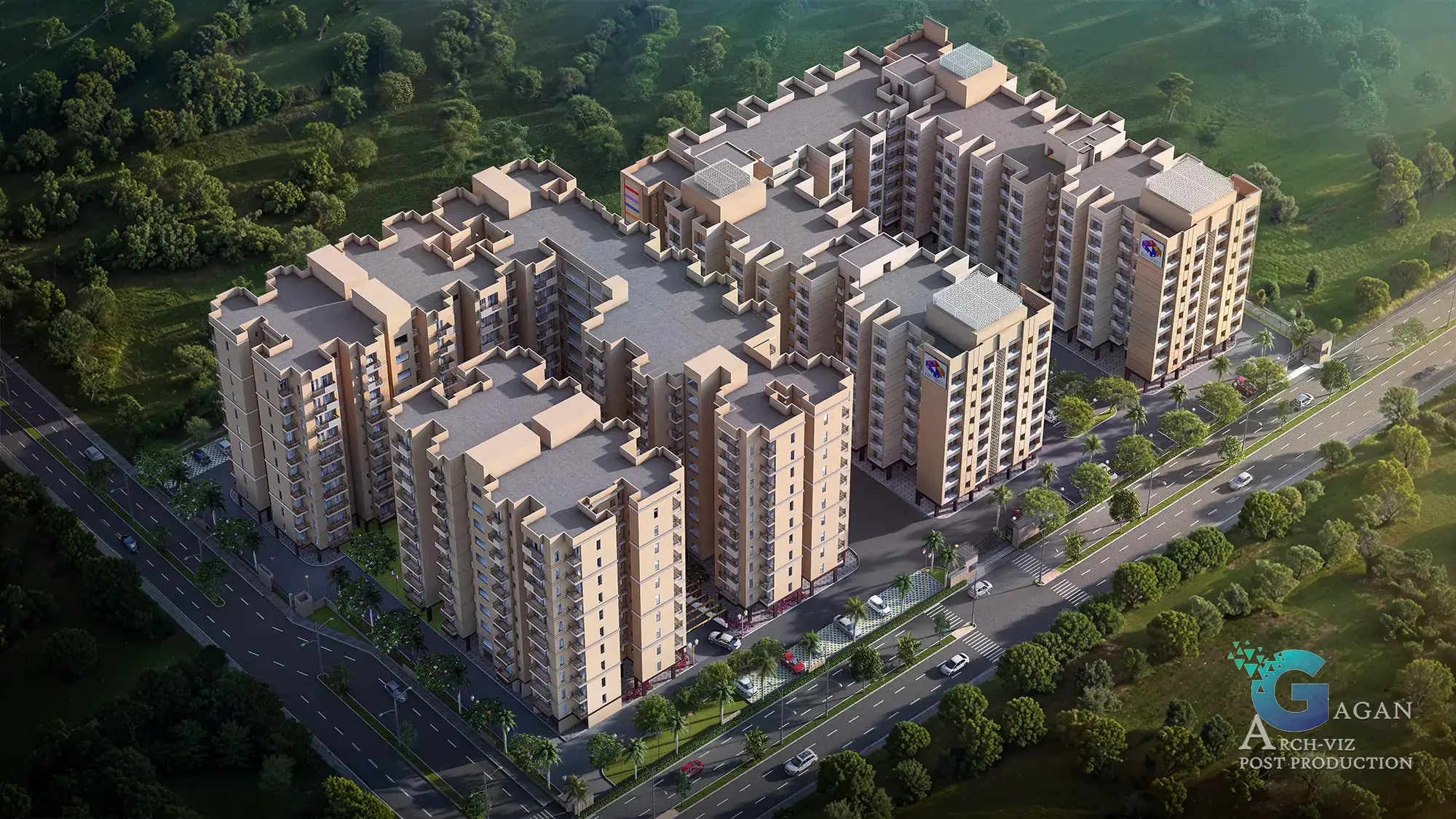 Photorealistic 3D rendering of a modern residential complex featuring multi-story apartment buildings arranged around a central courtyard. The buildings have beige exteriors with uniform balconies and are surrounded by landscaped pathways, green areas, and tree-lined streets. Roads with parked cars encircle the complex, adding to the realism. Post-production enhancements highlight vibrant textures on the building facades, balanced lighting effects, and detailed shadows, creating a polished and professional architectural visualization. The image showcases well-planned urban design and meticulous rendering techniques