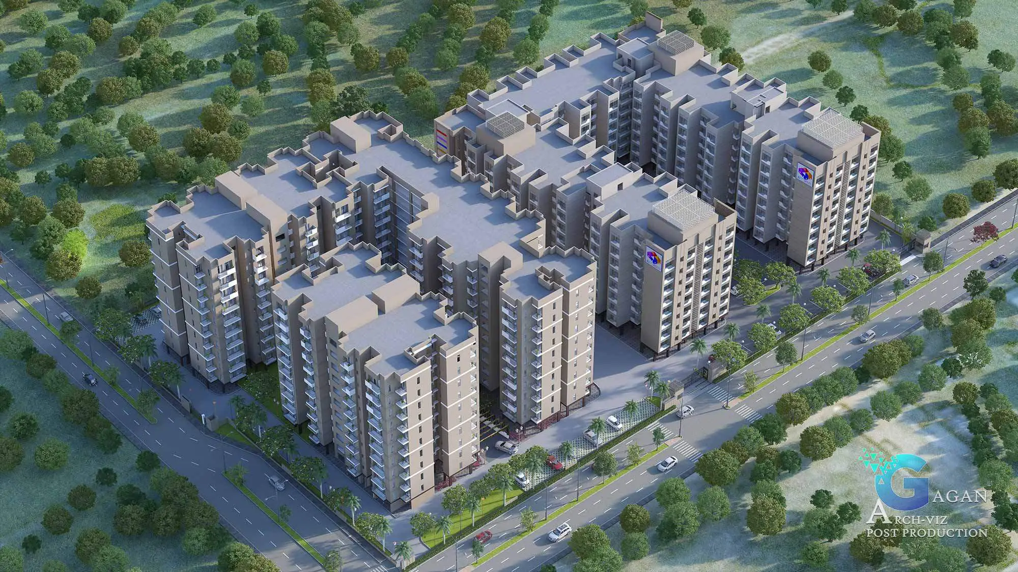 Photorealistic 3D rendering of a large residential complex comprising multi-story apartment buildings arranged in a rectangular layout with internal courtyards and pedestrian pathways. The buildings feature modern facades with expansive windows, surrounded by lush greenery, including landscaped trees and vegetation. Roads with parked vehicles and tree-lined streets encircle the complex, adding realism. Post-production techniques enhance the vibrant textures, sharp detailing on facades, and realistic lighting effects, creating a polished and lifelike architectural visualization