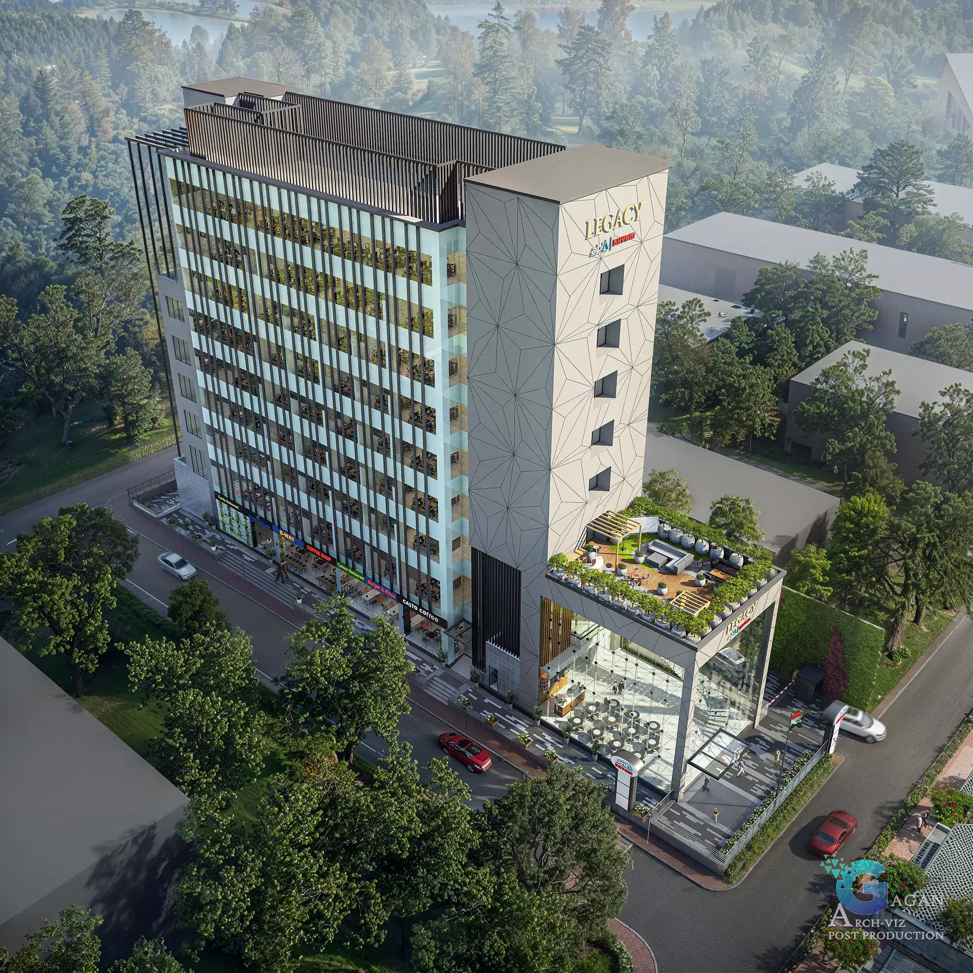 Photorealistic 3D rendering of a modern multi-story building named 'Legacy,' featuring geometric patterns on its facade and expansive glass windows. The building includes a rooftop terrace with greenery and seating areas, adding a contemporary and eco-friendly charm. Set against a lush landscape with trees and a vibrant urban street, the render showcases commercial spaces with colorful signage on the ground floor. Post-production techniques emphasize enhanced lighting, realistic textures on the facade, detailed reflections on glass surfaces, and vibrant color grading for a polished and professional architectural visualization