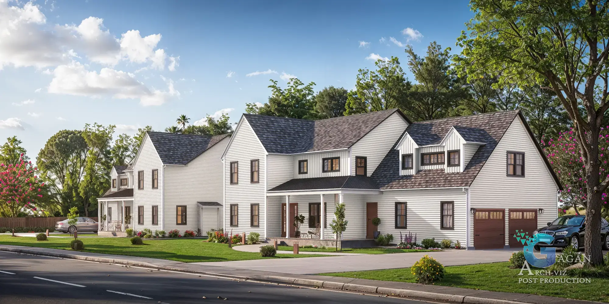 "Photorealistic 3D rendering of a modern single-family home with white siding, dark shingled roofs, and a spacious front yard with well-manicured grass, bushes, and trees. The house features multiple sections, including a covered front porch, large rectangular windows, and a garage with wooden doors. Post-production enhancements highlight vibrant textures, realistic lighting effects on the facade, and balanced shadows across the lawn and driveway. The overall scene captures a serene, professional architectural visualization
