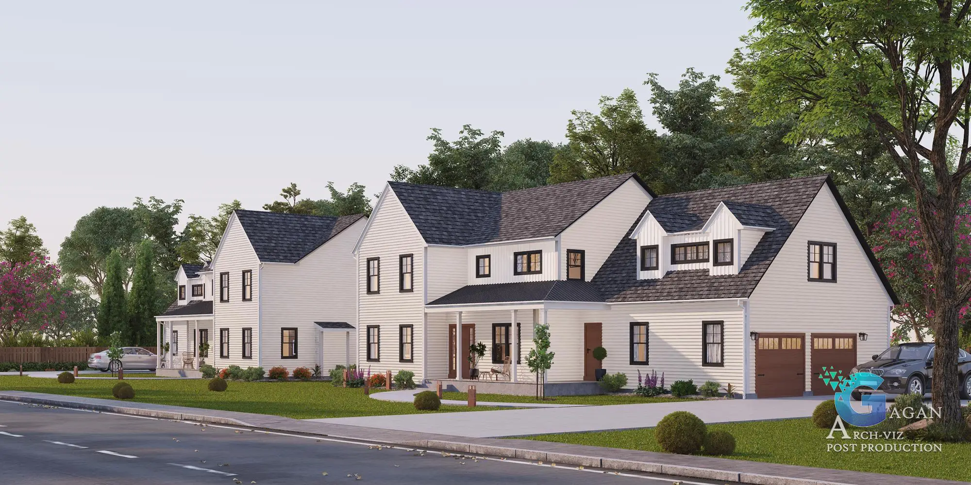 Photorealistic 3D rendering of a modern two-story residential building with clean white walls, flat roofs, and large glass windows. The scene features vibrant post-production edits, including realistic lighting effects, dynamic shadows, and enhanced textures on concrete and glass surfaces. Landscaped greenery with vividly colored bushes and a neatly maintained front yard adds natural charm. A soft evening glow is introduced to highlight professional post-production expertise, creating a polished and lifelike architectural visualization