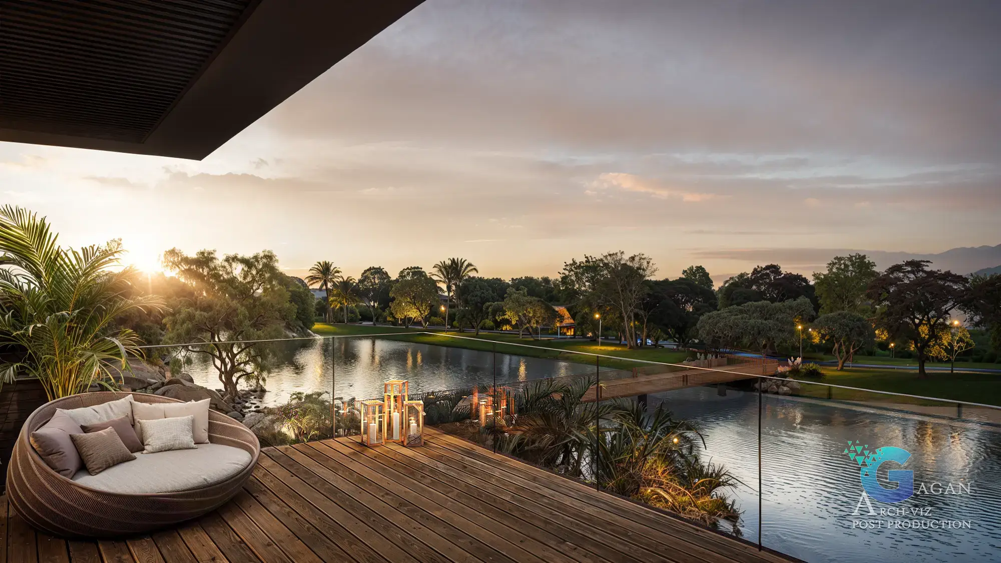 Photorealistic 3D rendering of an outdoor wooden deck with a wicker lounge chair, placed elegantly near a calm lake surrounded by lush trees and greenery. The bridge crossing the water adds architectural charm, while the soft evening light and partially cloudy sky create a warm, peaceful ambiance. Post-production techniques highlight realistic textures on the wooden deck, natural lighting effects, and vibrant color grading, showcasing professional architectural visualization