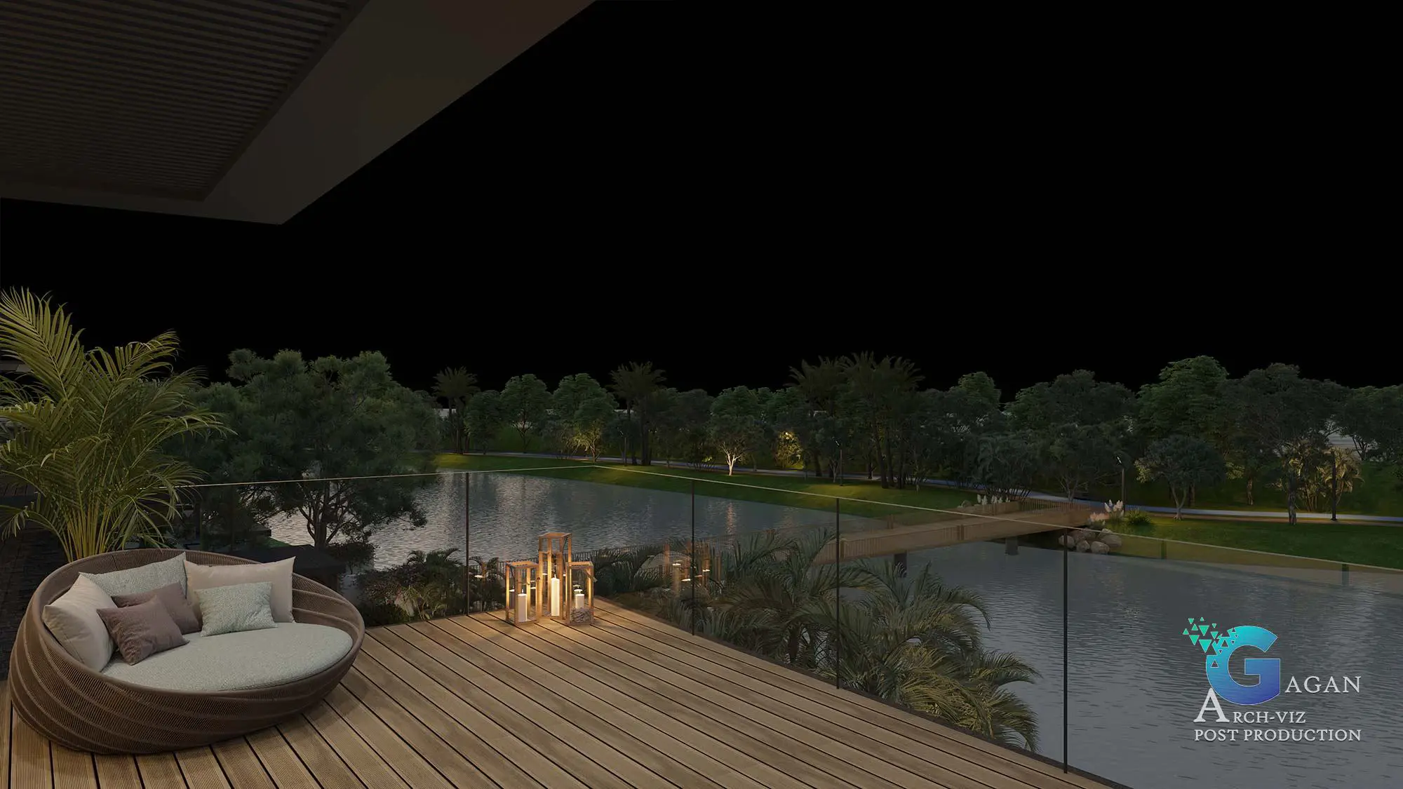 "Photorealistic 3D rendering of a wooden balcony overlooking a calm lake surrounded by lush greenery and softly illuminated trees. The balcony features a round cushioned lounge chair and decorative lanterns placed on the wooden deck. A glass railing offers an unobstructed view of the lake and a lit pathway circling its edge, blending modern architectural elements with natural beauty. Post-production highlights include enhanced lighting, realistic textures on the wood and glass surfaces, and vibrant color grading, creating a peaceful and picturesque visualization