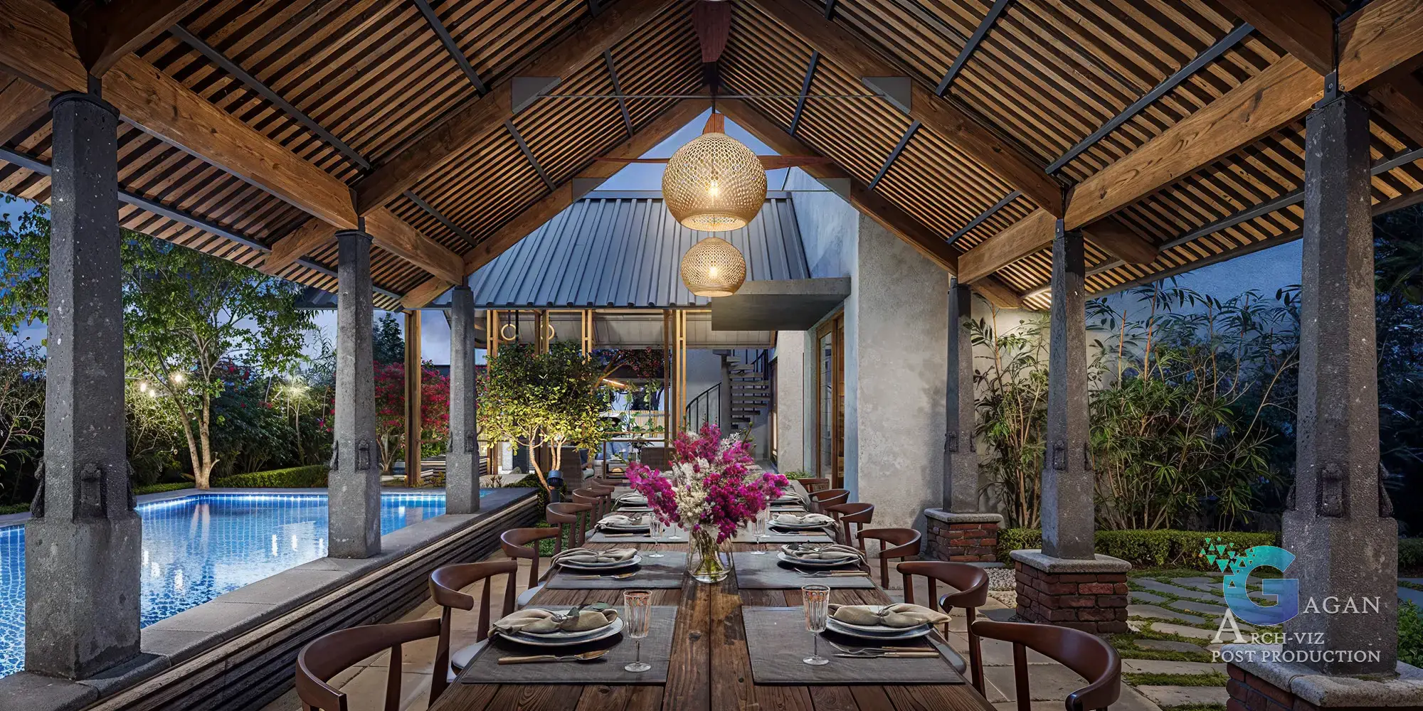 "Photorealistic 3D rendering of an outdoor dining space featuring a wooden pavilion with a slatted roof and concrete columns. The dining table is elegantly set with plates, glasses, cutlery, and a centerpiece of pink and white flowers. Adjacent to the dining area is a swimming pool reflecting the soft glow of evening lights. The background features lush trees and plants, creating a tranquil ambiance. Post-production techniques enhance the natural lighting, realistic textures, and color grading, emphasizing professional architectural visualization