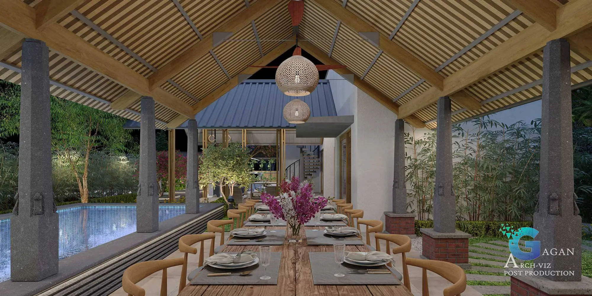Photorealistic 3D rendering of an outdoor dining area beneath a wooden pavilion with a slanted roof, featuring a set dining table adorned with plates, glasses, and a centerpiece of purple flowers. The pavilion, supported by stone columns, includes spherical pendant lights hanging from the ceiling. In the background, a serene swimming pool is surrounded by lush greenery, including trees and bushes, blending modern architectural design with natural elements. Post-production edits enhance realistic textures, soft lighting, and vibrant color grading, showcasing professional architectural visualization