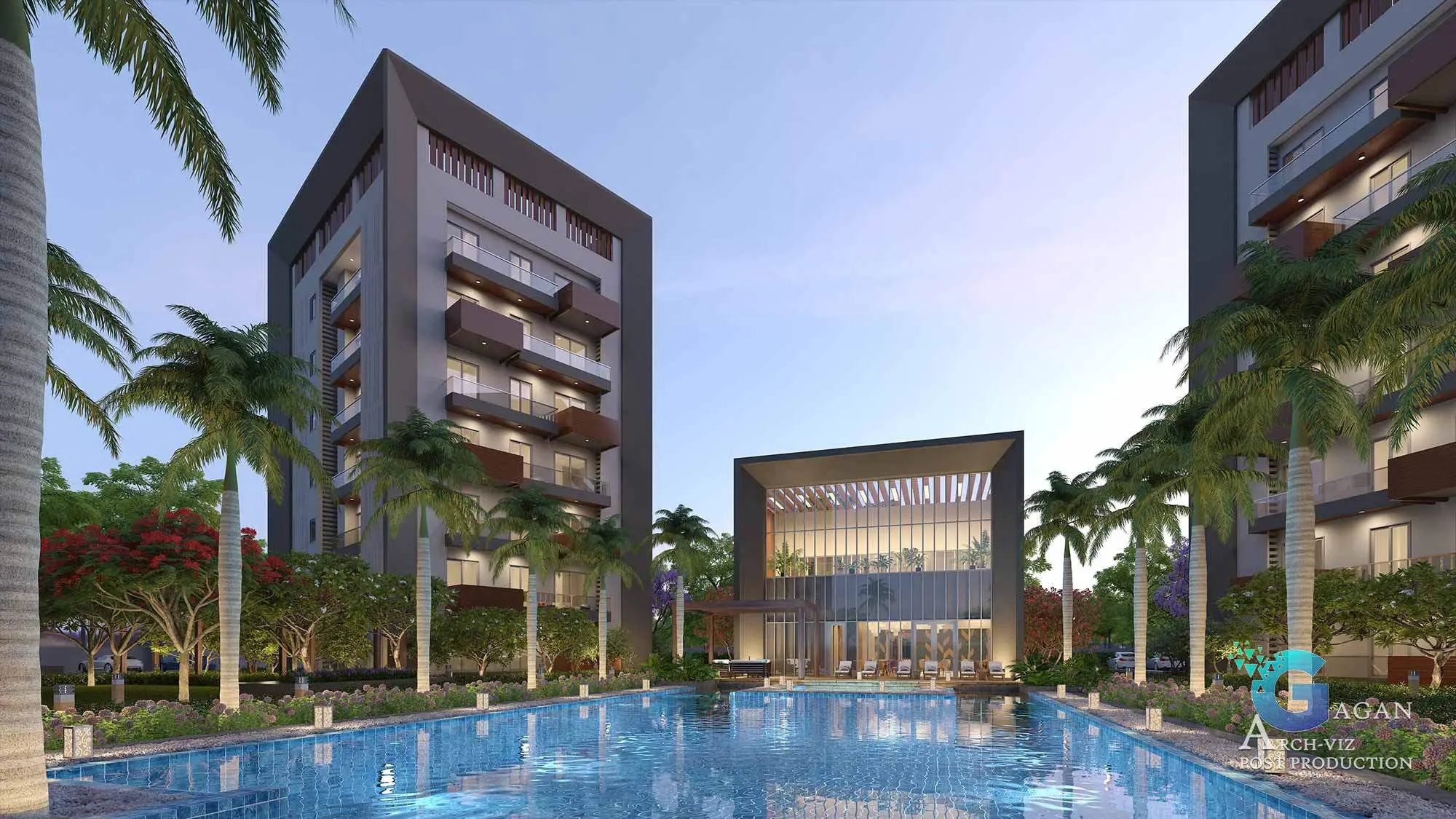 Photorealistic 3D rendering of a modern residential complex with two tall, sleek buildings featuring multiple glass balconies and a central communal area. The scene is set in the evening with soft lighting reflecting off a large illuminated swimming pool surrounded by palm trees and landscaped greenery. Post-production techniques emphasize the vibrancy of the ambient lighting, realistic reflections on the glass surfaces and water, and detailed textures in the building exteriors, creating a luxurious and inviting atmosphere