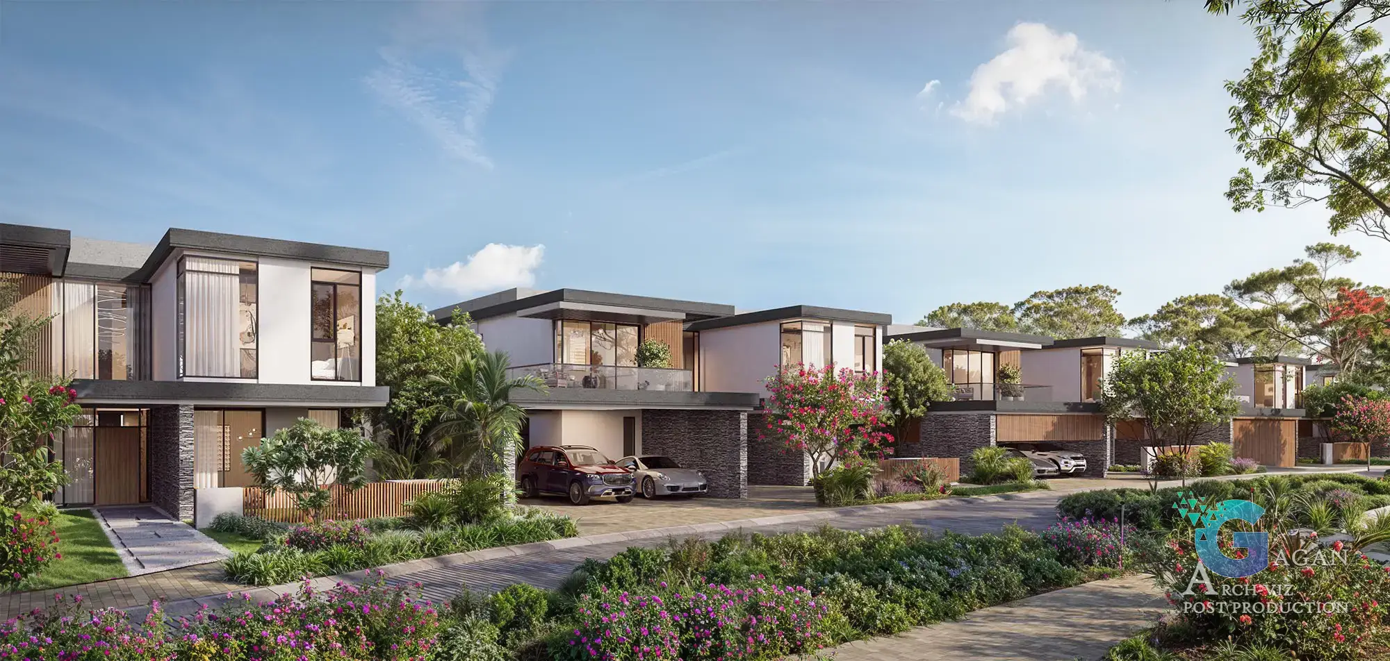 Photorealistic 3D rendering of modern, two-story houses with large reflective windows and glass balconies. The scene features meticulously landscaped front yards with vibrant flowers, trees, and bushes, as well as a cleanly paved street lined with greenery. Post-production edits emphasize realistic textures on stone and wood finishes, crisp shadow detailing, and vibrant color grading to capture a bright, sunny ambiance, creating a polished and professional architectural visualization