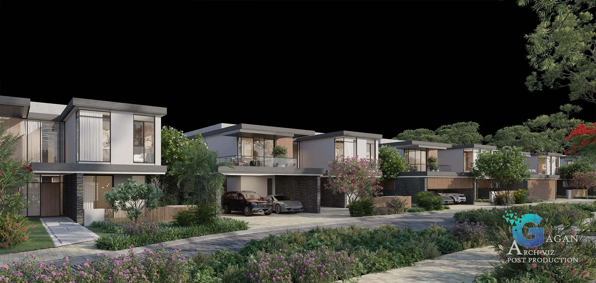 Photorealistic 3D rendering of a row of modern two-story houses with large reflective windows, spacious balconies, and clean contemporary architectural lines. Each house features individual driveways with parked cars, surrounded by vibrant greenery, including trees, bushes, and colorful flower beds, enhancing the visual appeal. Post-production enhancements highlight realistic textures on stone and wood, balanced shadow detailing, and vivid color grading for the landscaping, creating a polished and professional architectural visualization