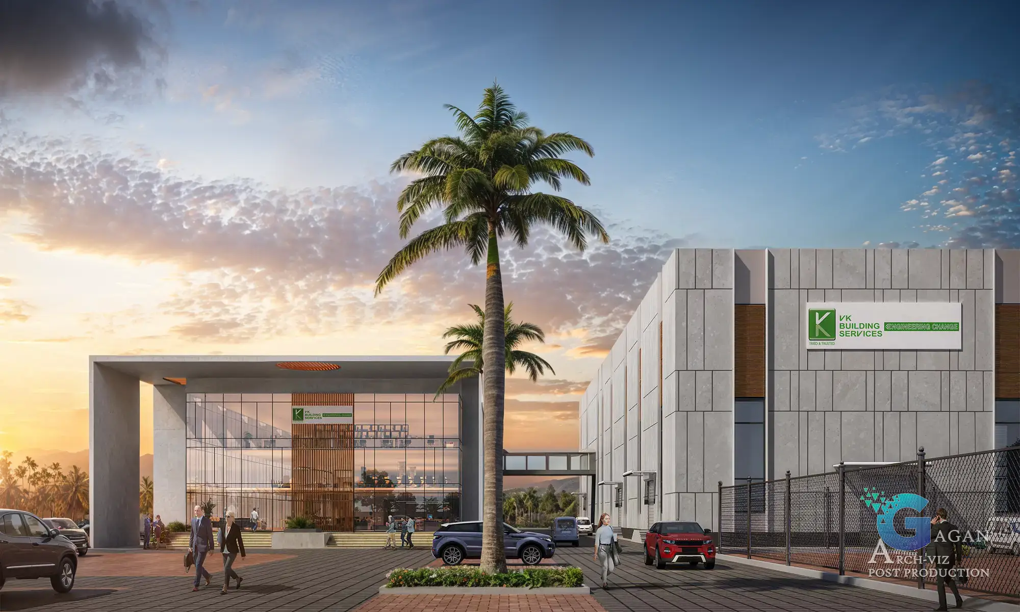 "Photorealistic 3D rendering of a modern architectural building complex at sunset, showcasing two distinct structures with contemporary glass facades, detailed signage reading 'KVK Building Services' and 'Engineering Change.' Surrounding the buildings is a landscaped area with palm trees, parked cars, and pedestrians walking, creating a warm and inviting ambiance. Post-production enhancements highlight vivid color grading of the sunset sky, detailed reflections on the glass facades, sharp textures, and natural shadow play for a polished professional visualization
