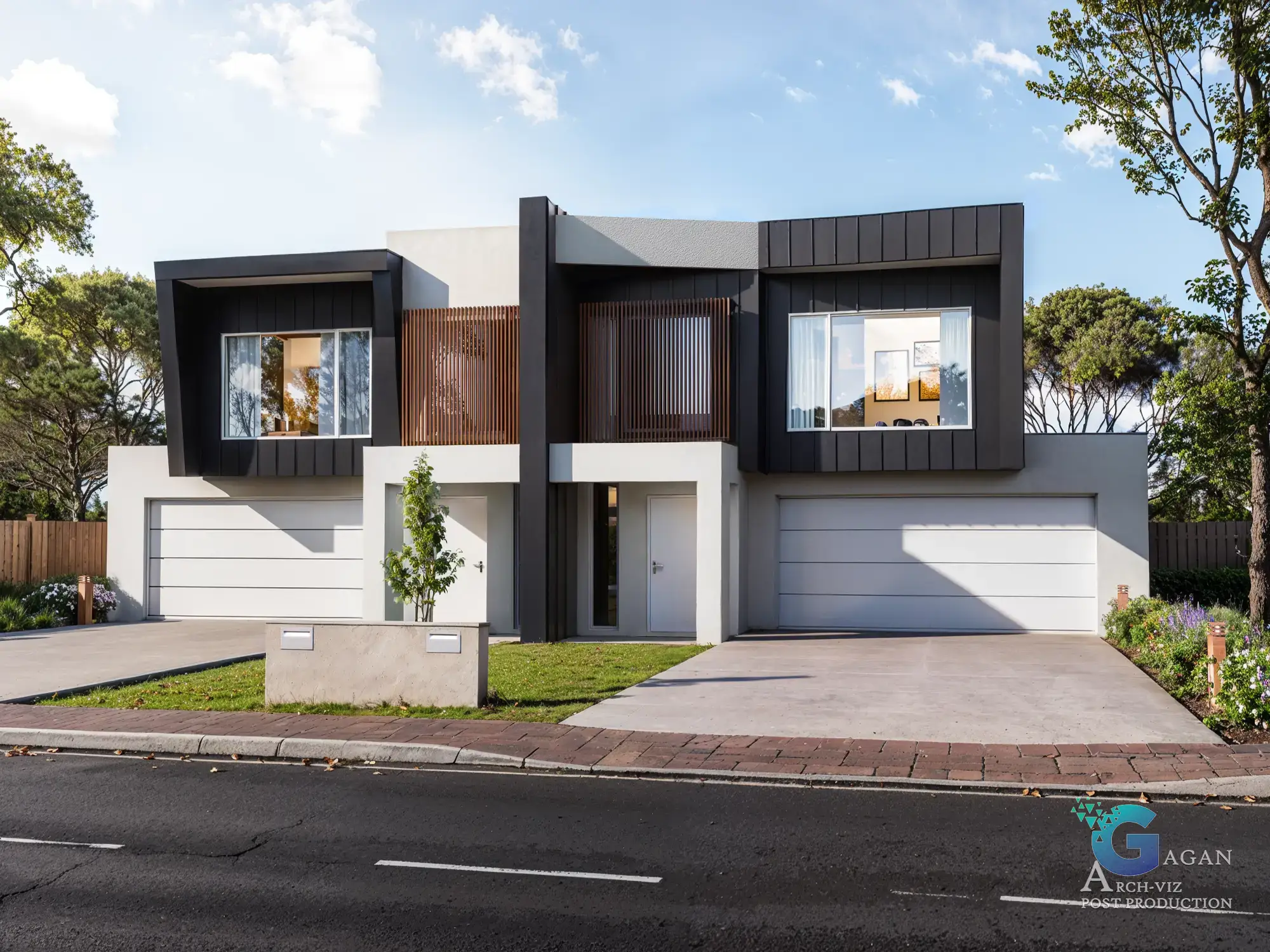 Photorealistic 3D rendering of a modern duplex house with symmetrical units, featuring a combination of white and dark grey exterior walls, wooden accents between windows, and garages with white doors. The landscaped area includes a small tree, lush green grass, and a paved driveway leading to the garages. Post-production enhances vibrant colors, sharp shadow detailing, and realistic textures for a professional and polished architectural visualization