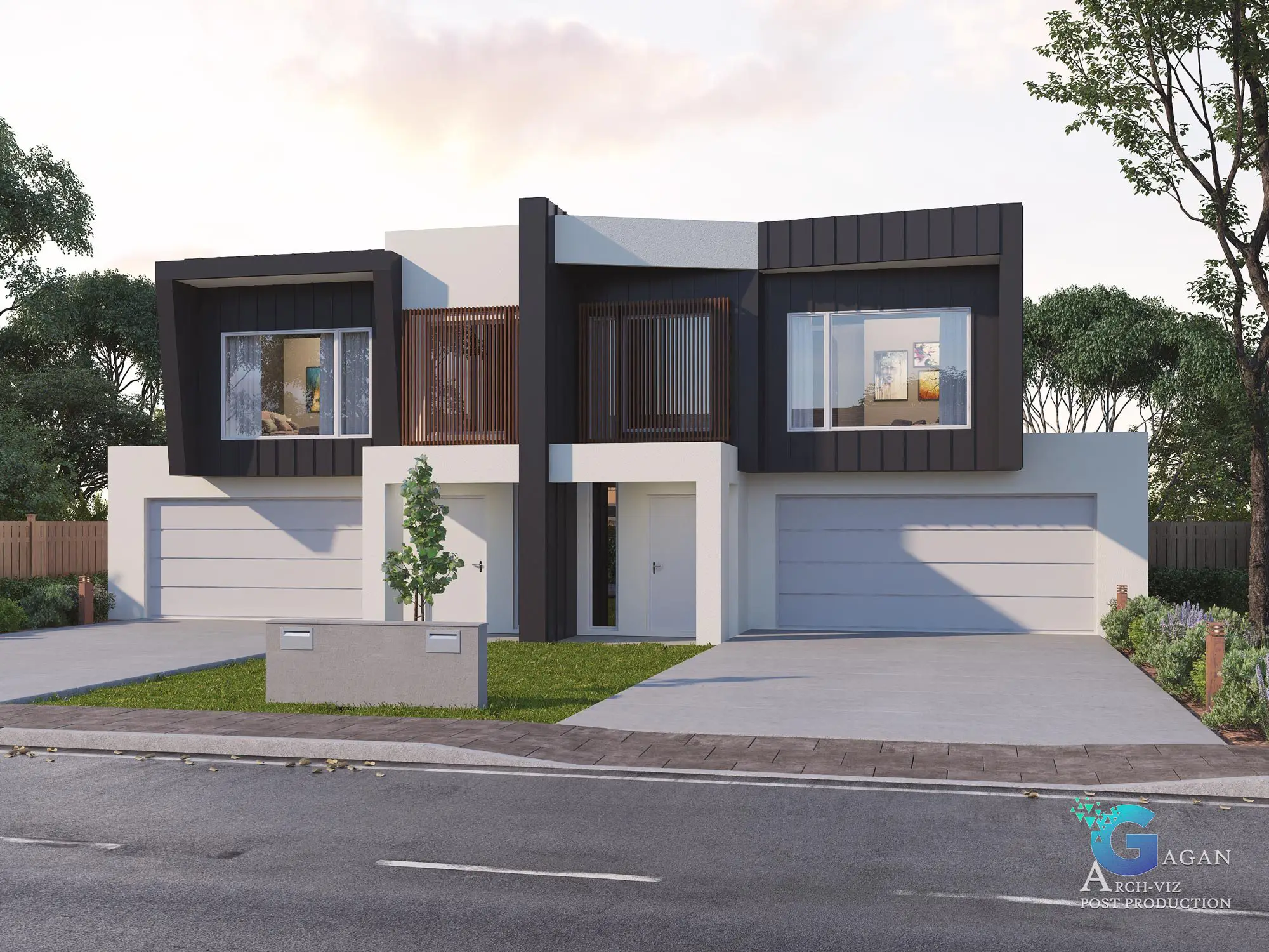 Photorealistic 3D rendering of a modern duplex house featuring two symmetrical units with dark paneling, white walls, and wooden accents. Each unit has a garage, a large upper-floor window, and a concrete driveway leading to a neatly trimmed lawn with a small tree. Post-production enhancements emphasize clean textures, reflective surfaces, vibrant greenery, and realistic shadow detailing, creating a polished and contemporary architectural visualization