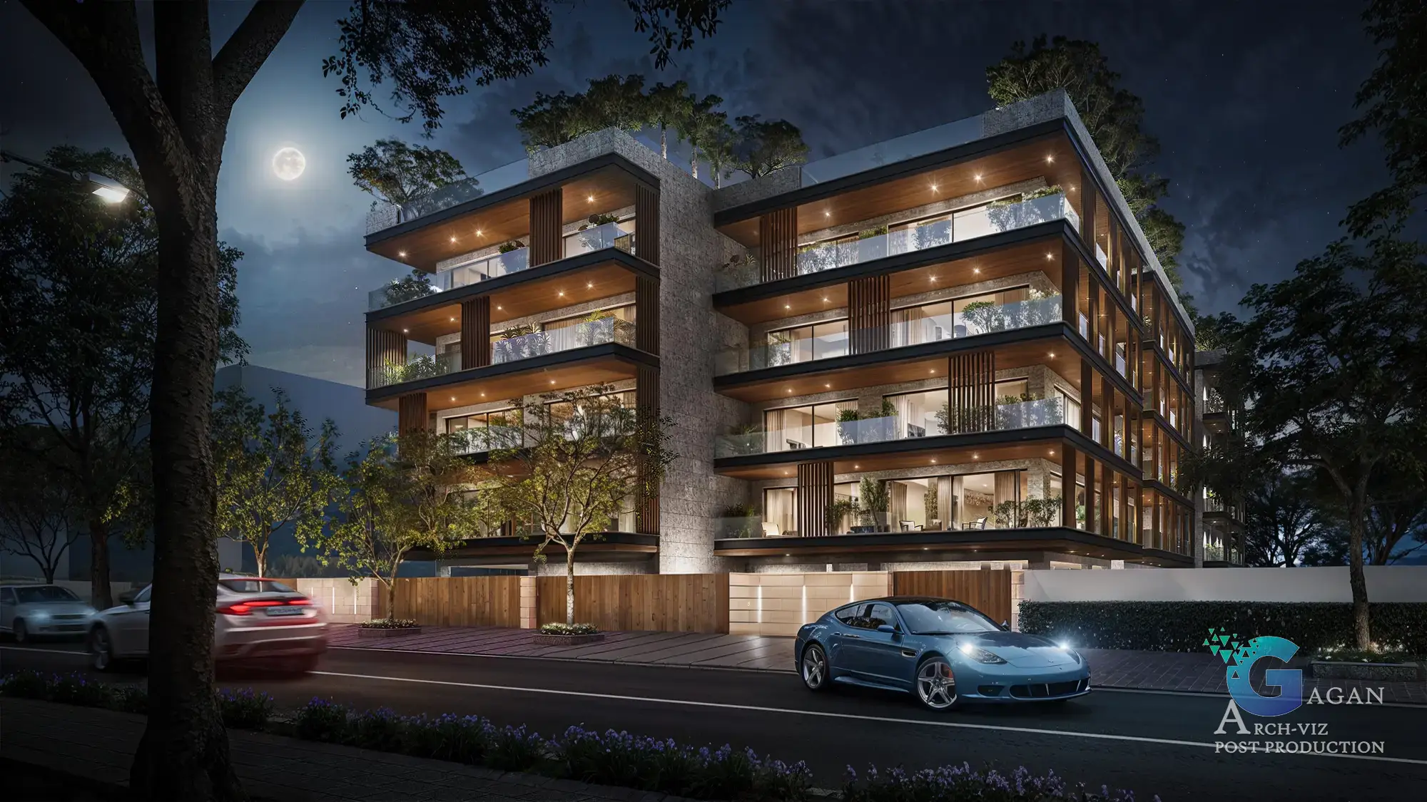 "Photorealistic 3D rendering of a modern multi-story residential building at night, featuring illuminated glass windows and balconies with reflective railings. Surrounding greenery includes trees and plants, adding aesthetic appeal. The scene showcases realistic lighting effects on the building and street, with two cars parked nearby, including a blue sports car. Post-production techniques emphasize vibrant lighting, detailed shadows, and vivid textures, enhancing the nighttime ambiance under a visible moonlit sky