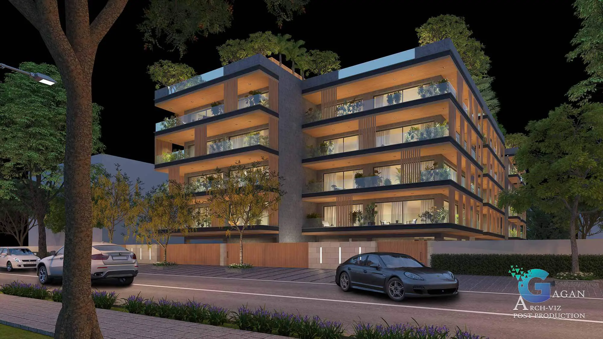 "Photorealistic 3D rendering of a multi-story modern residential building at night, showcasing balconies adorned with plants, clean architectural lines, and a combination of wood and concrete materials. The surrounding area includes a parking lot with two cars, streetlights, and trees, creating a serene urban ambiance. Post-production enhancements highlight realistic lighting effects, vivid textures, and balanced shadow detailing, emphasizing expertise in architectural visualization