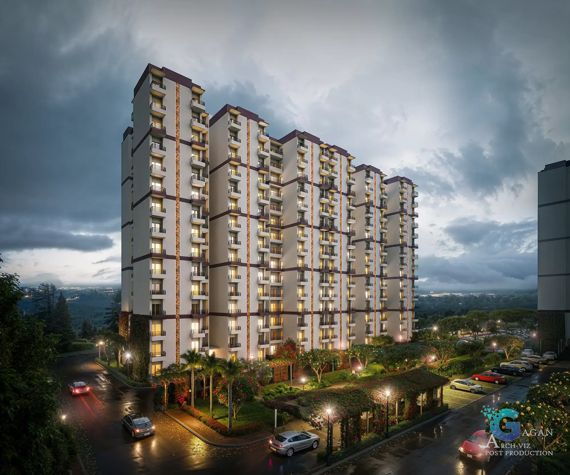 "Photorealistic 3D rendering of a modern residential building complex during dusk, featuring illuminated multi-level apartments with balconies. The scene includes wet roads reflecting soft lighting from streetlamps, multiple parked cars, and meticulously landscaped greenery with palm trees, bushes, and flowers. Post-production highlights include realistic textures, vibrant color grading, enhanced light reflections on wet surfaces, and dramatic cloud effects in the evening sky, showcasing professional architectural visualization