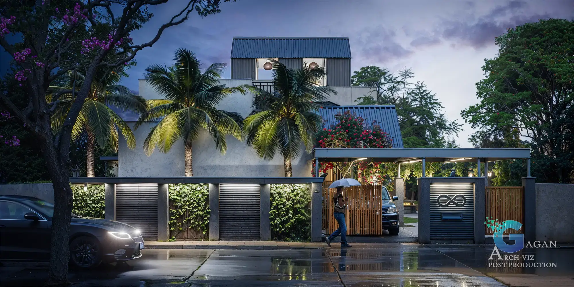 Photorealistic 3D rendering of a sleek modern residential building during dusk, featuring multi-level architecture with a combination of concrete and metal elements. The facade includes lush greenery with climbing plants, three large palm trees, and vibrant lighting emphasizing the building’s details. The driveway with a parked car, visible through a wooden gate, and the surrounding cloudy evening sky contribute to the realistic ambiance. Post-production edits highlight soft shadows, artificial lighting effects, and reflective textures, showcasing high-quality architectural visualization and realism.