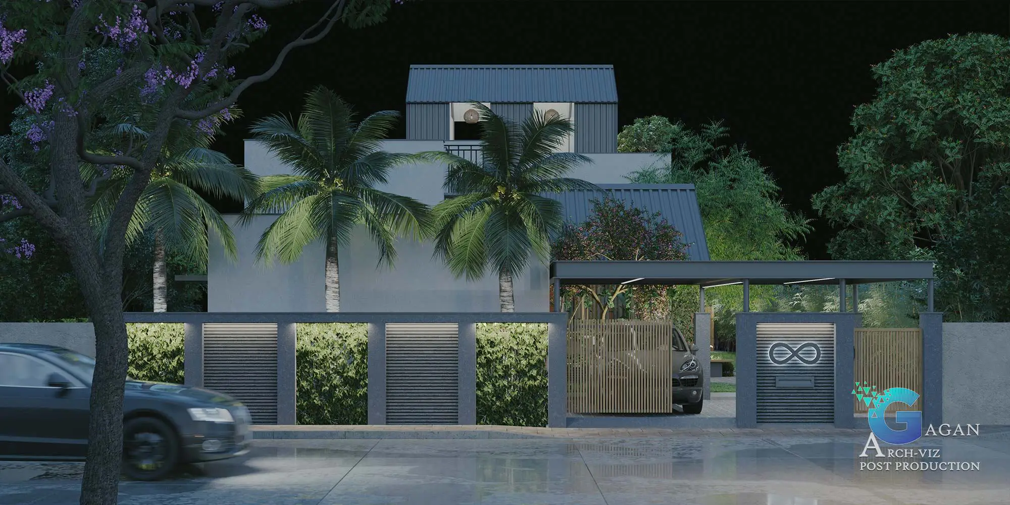 Photorealistic 3D rendering of a modern residential building at night, featuring clean architectural lines, a combination of white and grey colors, large reflective windows, and a sloped roof. The landscaped garden includes well-maintained bushes, palm trees, and illuminated outdoor lighting, creating depth and realism. Post-production techniques enhance lighting effects, shadow detailing, and vibrant color grading, emphasizing the professional touch in architectural visualization