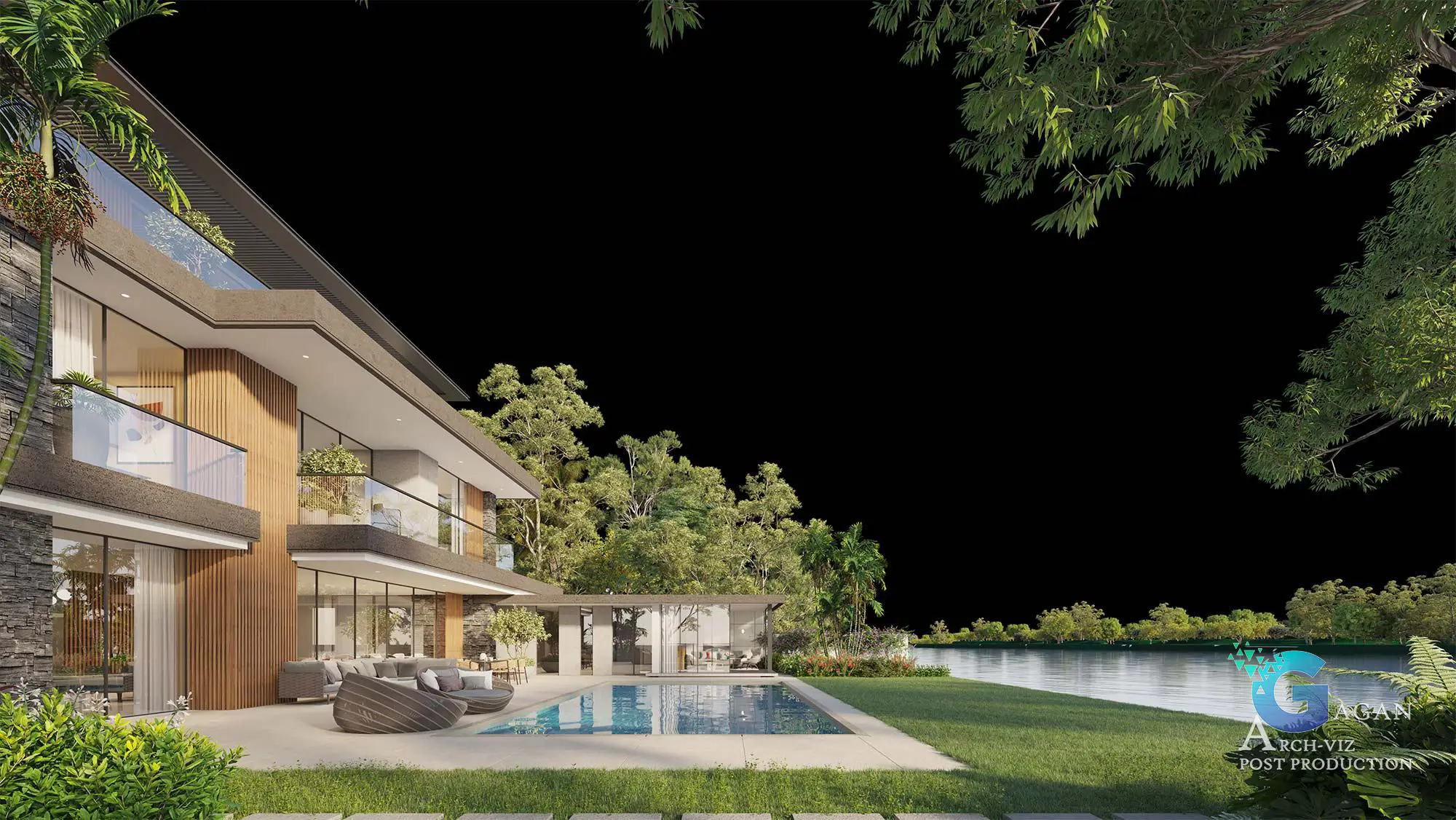 Photorealistic 3D rendering of a luxurious modern house featuring illuminated large glass windows, balconies with reflective glass railings, wooden paneling, and stone accents. The scene includes a spacious swimming pool surrounded by outdoor seating and landscaped greenery with trees. Post-production enhancements emphasize vibrant lighting, realistic textures, and detailed reflections, creating a polished architectural visualization. The background showcases a serene body of water under a black sky, highlighting the sophisticated night-time ambiance