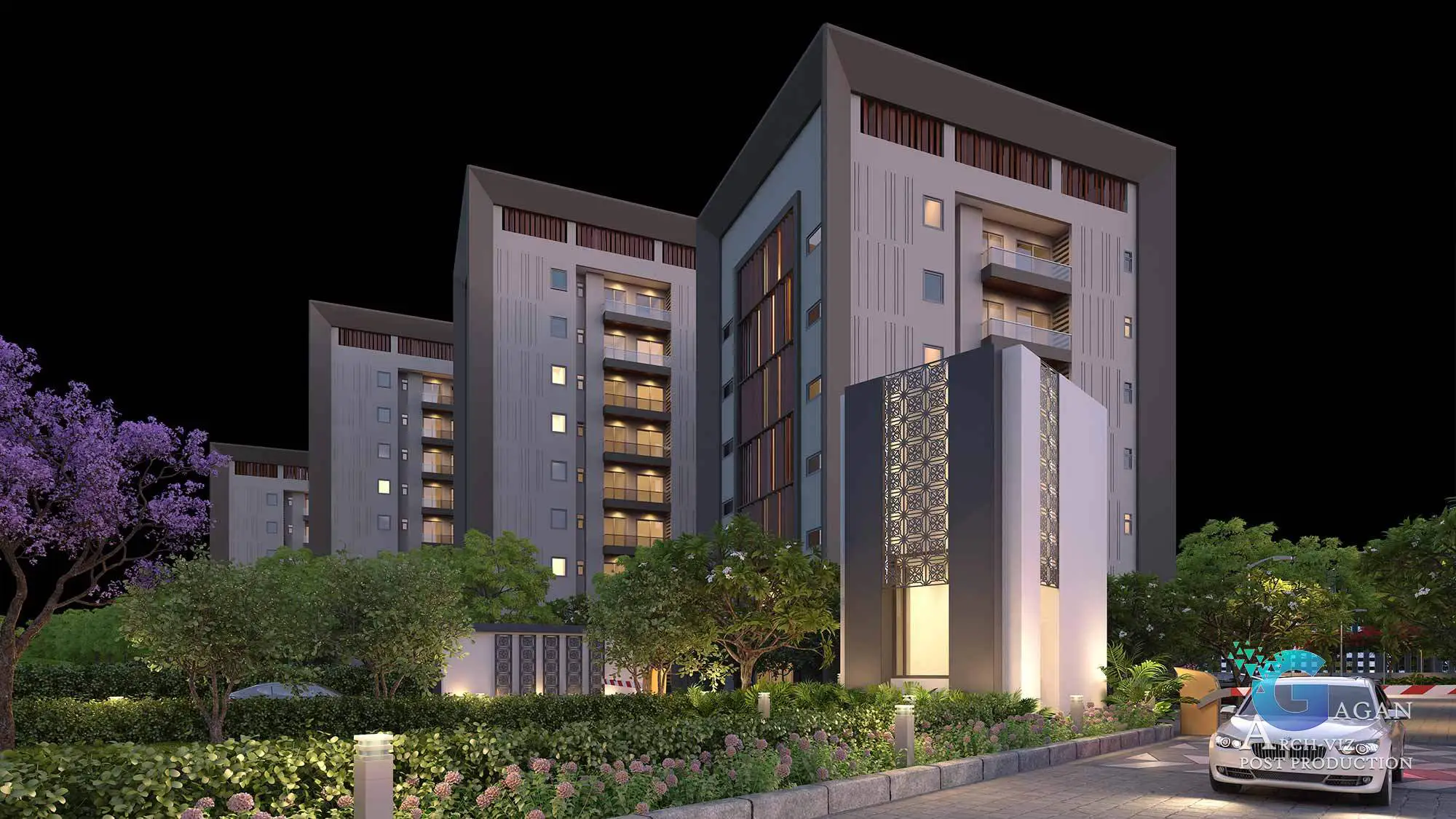 Photorealistic 3D rendering of a modern residential complex at night, featuring illuminated multi-story buildings with balconies and large windows, surrounded by meticulously landscaped greenery with trees, bushes, and a lit pathway. Post-production enhancements highlight intricate lighting effects, reflective textures, and vibrant contrasts, creating a professional and polished architectural visualization. A decorative structure with patterned lighting in the foreground adds aesthetic appeal, emphasizing attention to detail
