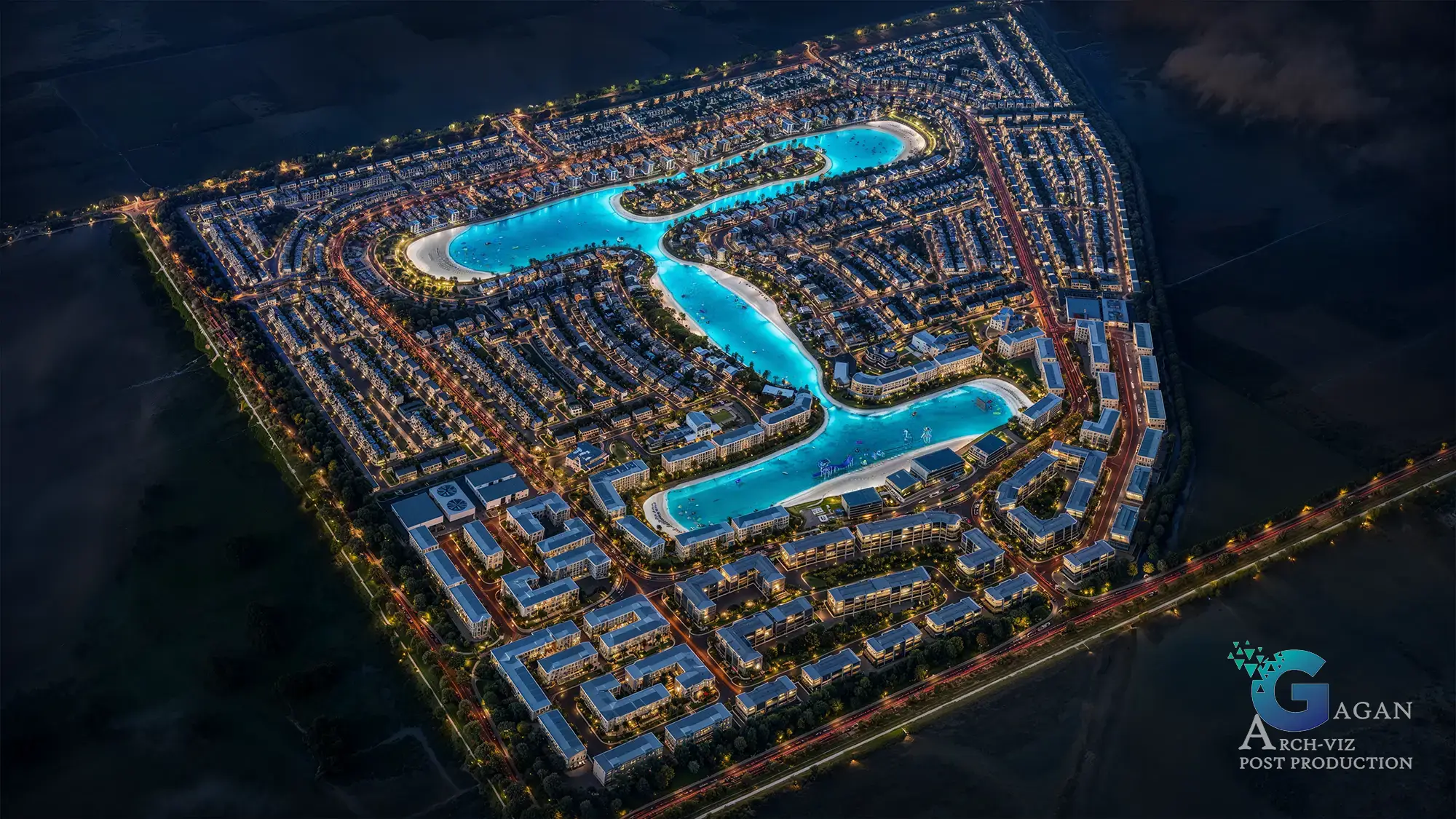 Photorealistic 3D rendering of a planned residential community at night, featuring illuminated streetlights, building lights, and a winding artificial water body resembling a lagoon at its center. Surrounding the water body are residential buildings arranged in a grid-like pattern with connecting roads and pathways. Post-production enhancements emphasize realistic lighting effects, detailed textures, and vibrant color grading, showcasing professional architectural visualization and post-production editing