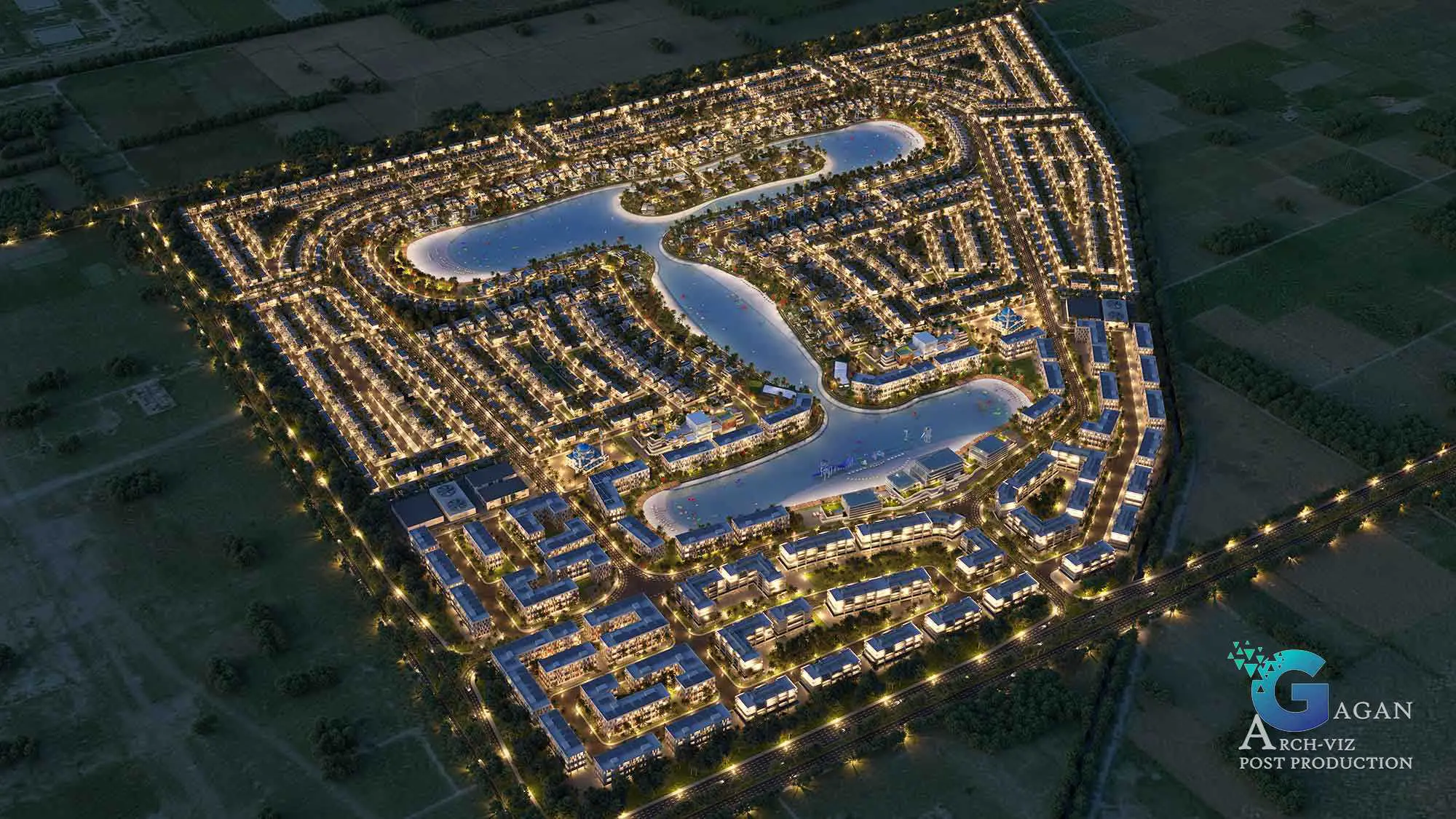 Photorealistic 3D rendering of a meticulously planned residential development at night, featuring grid-like street layouts, well-lit houses, curved water bodies surrounded by modern architecture, and landscaping illuminated by soft, post-produced lighting effects. Borders with undeveloped land enhance the visual depth, showcasing advanced architectural visualization and attention to detail with professional post-production techniques