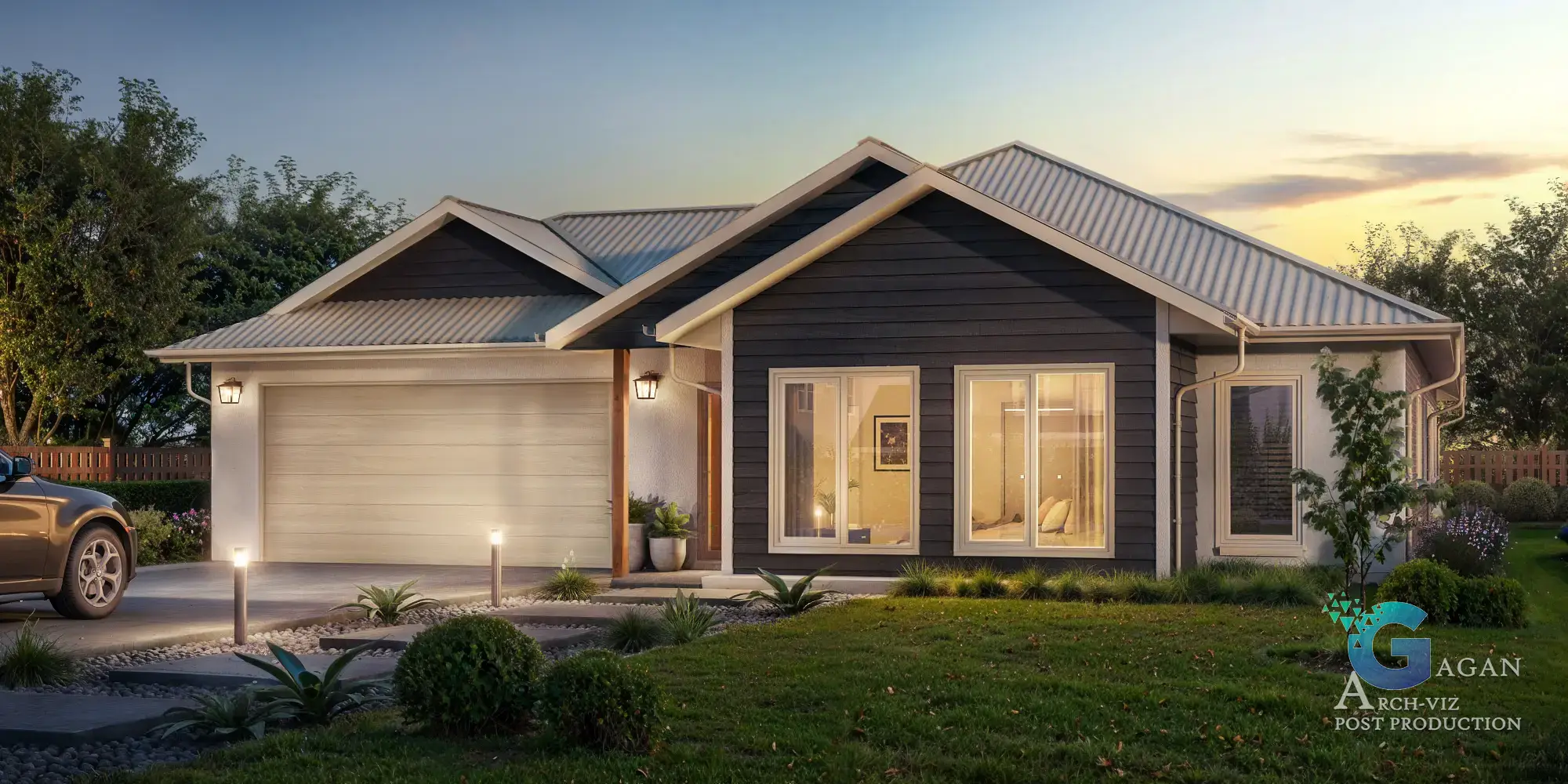 "Photorealistic 3D rendering of a modern single-story house with dark horizontal siding, a metal gable roof, and large illuminated windows revealing a warmly lit interior. The well-maintained front yard features a paved driveway with a parked car, a manicured lawn, and small shrubs with outdoor lighting enhancing the landscape. Post-production edits emphasize vibrant colors, realistic shadows, and reflective textures in the architectural visualization
