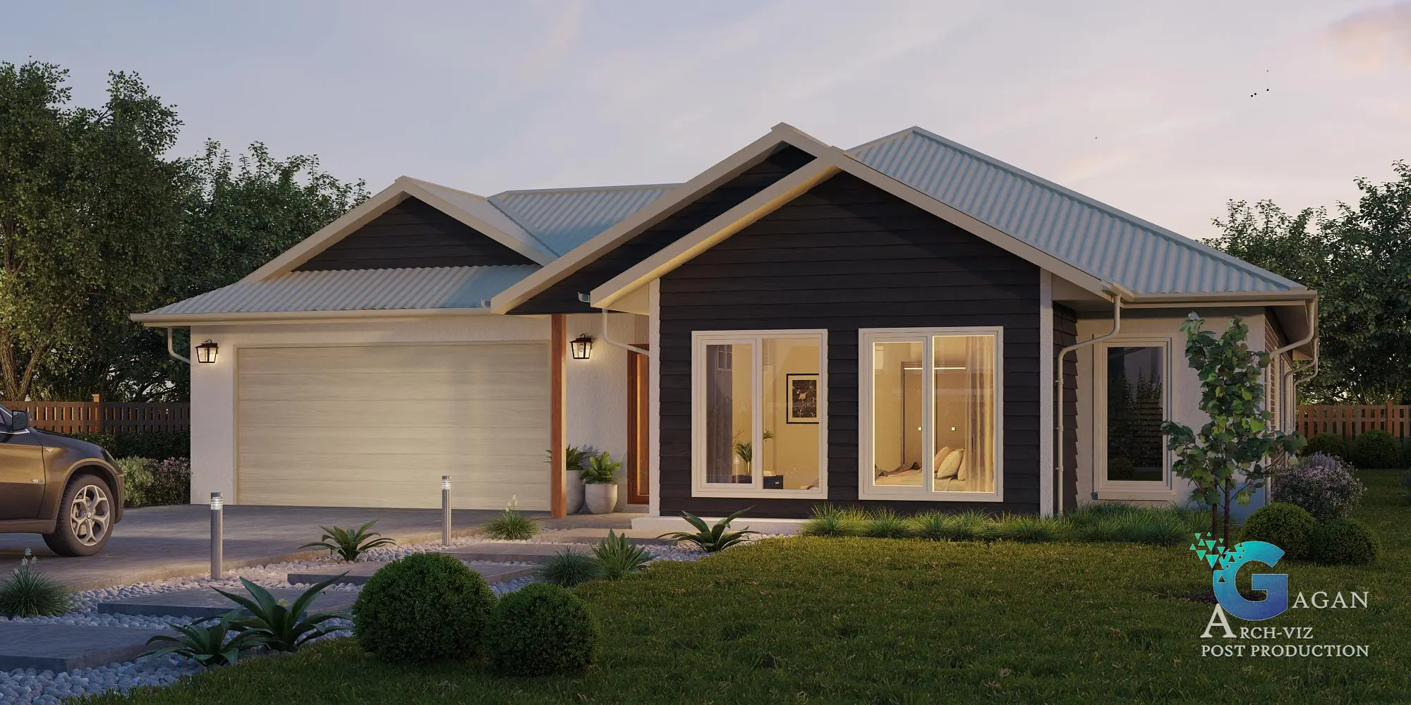 Photorealistic 3D rendering of a modern single-story house with dark and light exterior walls, a grey metal roof, large reflective windows, and a closed garage door, surrounded by a well-maintained front yard featuring neatly trimmed bushes, small plants, a paved driveway, and a parked car. Post-production enhancements highlight realistic textures, natural shadow detailing, and vibrant color grading, emphasizing architectural visualization and professional rendering.