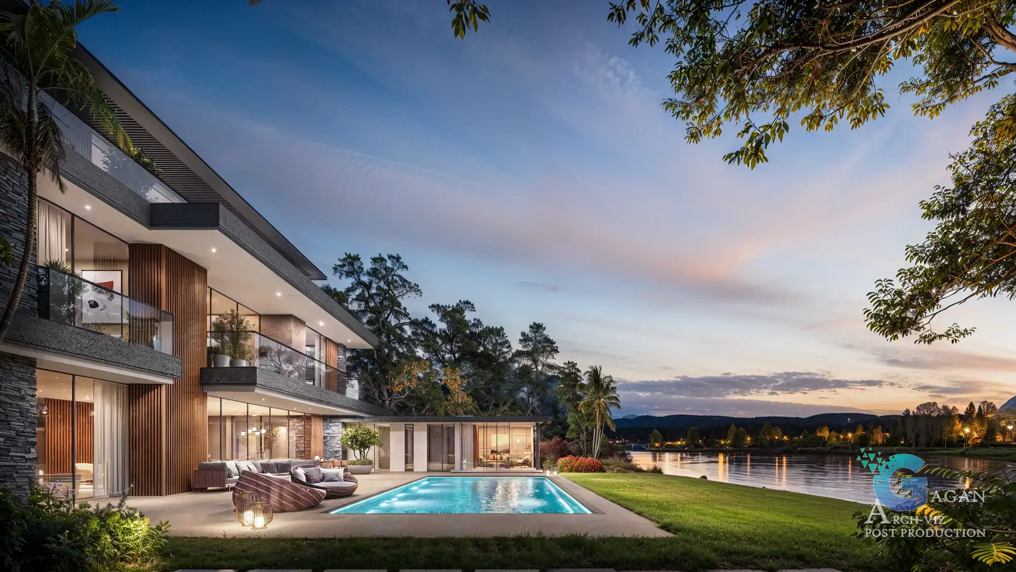 Photorealistic 3D rendering of a luxurious modern house with large glass windows, wooden paneling, and a multi-level structure, surrounded by a well-manicured lawn, a rectangular swimming pool, and serene natural surroundings. Post-production enhancements emphasize the warm sunset lighting, glass reflections, and realistic textures in the architecture and landscape, showcasing high-quality architectural visualization and attention to detail