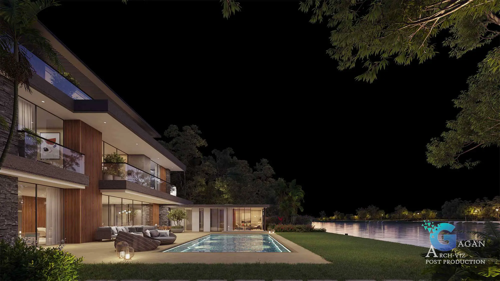 Photorealistic 3D rendering of a modern luxury house with meticulously edited lighting effects, emphasizing reflective glass windows, shadow play on the white plaster walls, and enhanced textures on the wooden cladding and landscaped greenery, showcasing high-quality post-production work in architectural visualization