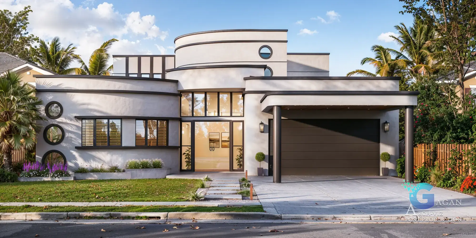 Photorealistic 3D rendering of a luxurious modern house under evening lighting. The house has a curved facade with a visually stunning circular window arrangement on the left, juxtaposed with a rectangular structure showcasing large reflective windows. The entrance, framed by tall glass double doors and sleek concrete finishes, stands out against lushly landscaped surroundings featuring a palm tree lineup around edges combined shrubs