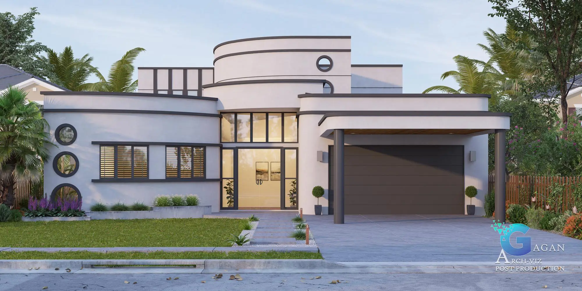 Photorealistic 3D rendering of a modern house featuring a blend of curved and angular architectural elements. The facade includes circular windows on the left, large rectangular windows with horizontal blinds, and a glass entrance door. A dark-colored garage door is positioned on the right side, completing the sleek, contemporary design. The landscaping showcases a well-maintained lawn, vibrant plants, and tall trees, adding natural charm to the property. Post-production techniques emphasize realistic lighting, sharp textures, and vibrant color grading, creating a polished and professional visualization