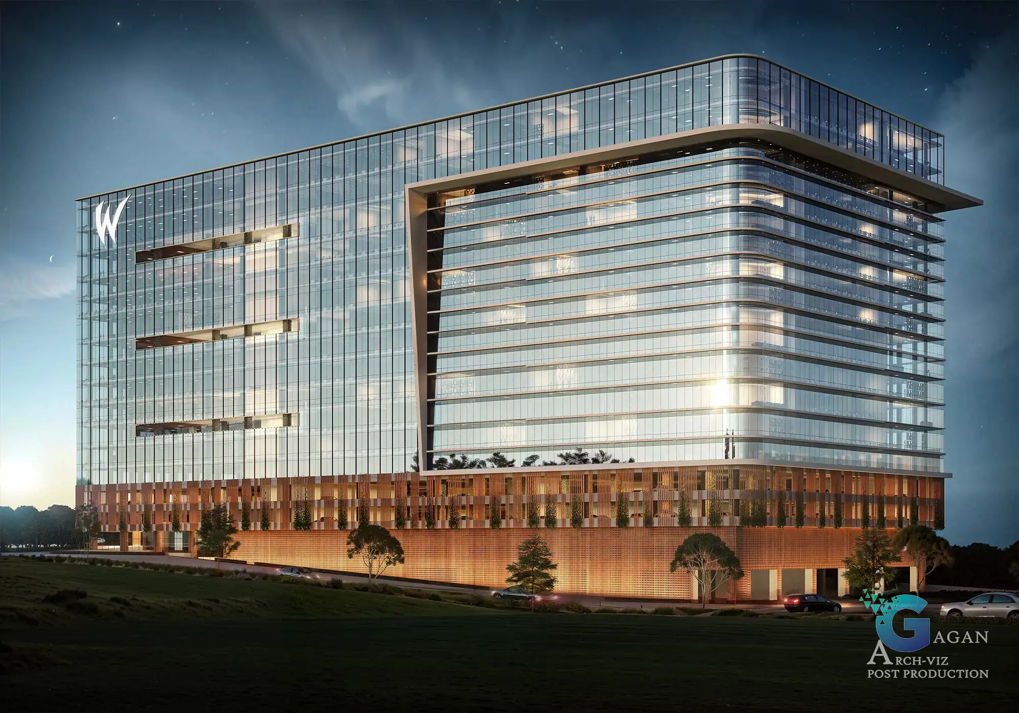 Photorealistic 3D rendering of a modern, multi-story building with a sleek glass exterior illuminated during twilight. The facade showcases horizontal design elements and a recessed central section, adorned with the prominent letter 'W' indicating the establishment's name or logo. The lower part features textured surfaces and landscaped greenery including trees, enhancing the inviting ambiance. Post-production edits emphasize vibrant lighting, realistic textures, and precise color grading, showcasing professional rendering skills