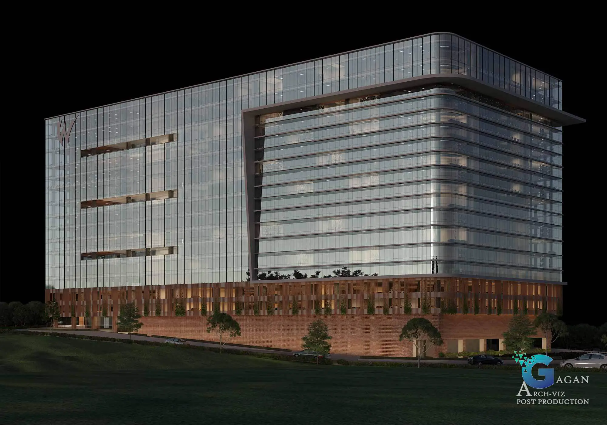 "Photorealistic 3D rendering of a modern building with a curved corner and a sleek glass facade featuring horizontal design elements. The lower portion, constructed with brick, contrasts beautifully with the upper glass exterior. The surroundings include lush greenery with several trees and bushes, creating an inviting atmosphere. Cars are parked in front of the building, which is set against a grassy field background. Post-production techniques highlight the vibrant textures, realistic lighting effects, and balanced color grading, underscoring professional architectural visualization