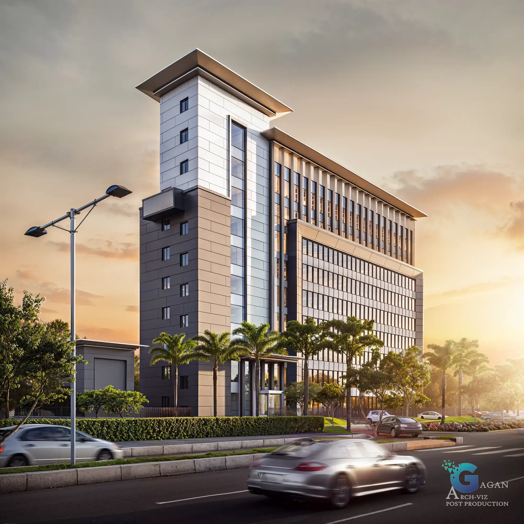 "Photorealistic 3D rendering of a modern multi-story building with a sleek design featuring a mix of white and gray exterior panels, large reflective windows, and a flat roof with an overhang. The landscaped surroundings include palm trees and other greenery, while a road with moving cars adds a dynamic urban touch in the foreground. Post-production enhancements emphasize the warm sunset hues in the sky, realistic textures on the building facade, and vibrant color grading, creating a professional architectural visualization
