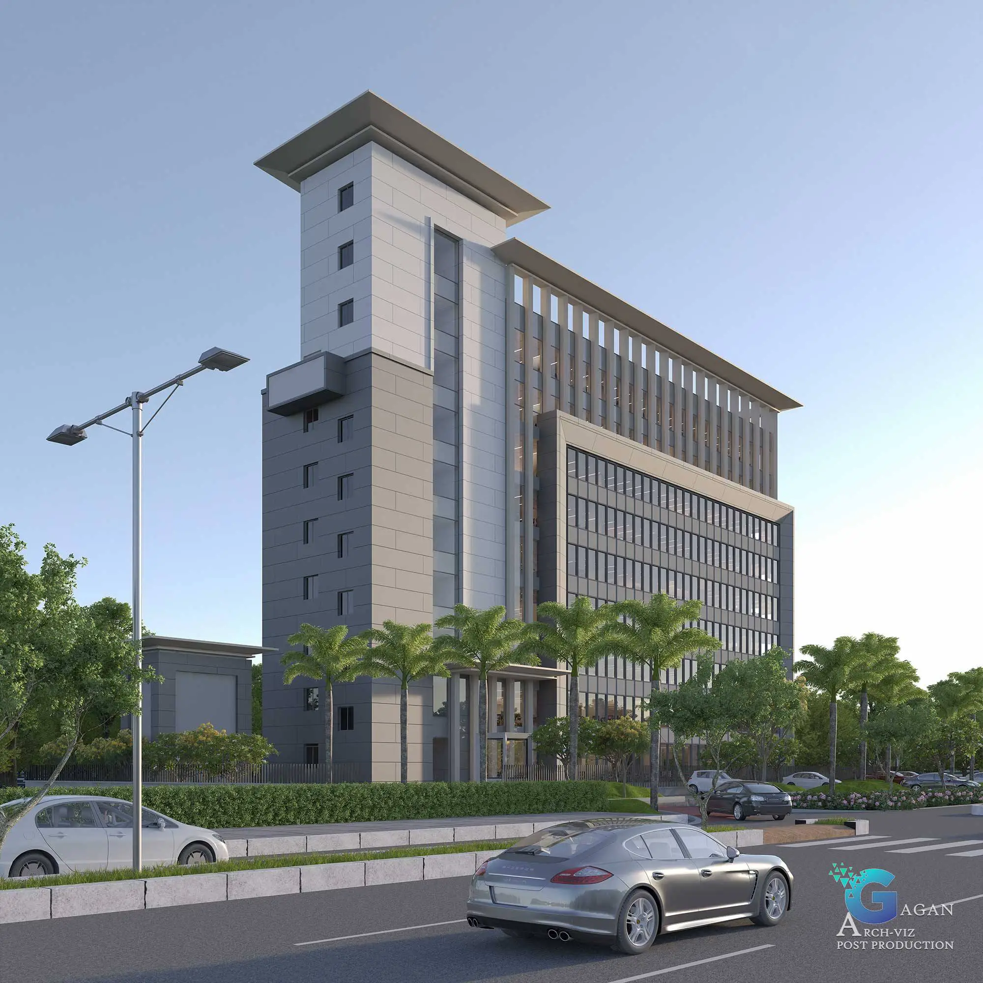 Photorealistic 3D rendering of a sleek, multi-story modern building with a flat roof and expansive glass windows on each floor. The facade includes concrete elements for a minimalist aesthetic, surrounded by a landscaped area featuring palm trees, bushes, and manicured lawns. Post-production techniques enhance the vibrant lighting, realistic textures on the glass and concrete, and natural shadow detailing, creating a polished architectural visualization. The scene includes a roadway with cars and streetlights, adding depth and realism to the urban setting