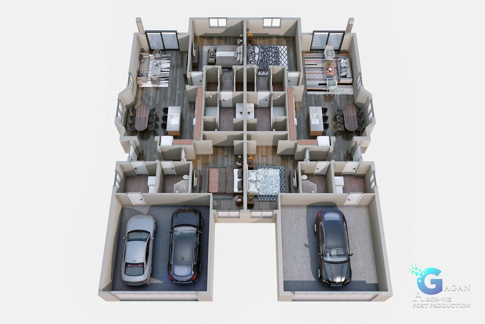 1205-11th Ave Preston Estates floor plan rendering Detailed house floor plan with labeled bedrooms, bathrooms, living area, kitchen, laundry, garage, and outdoor patio