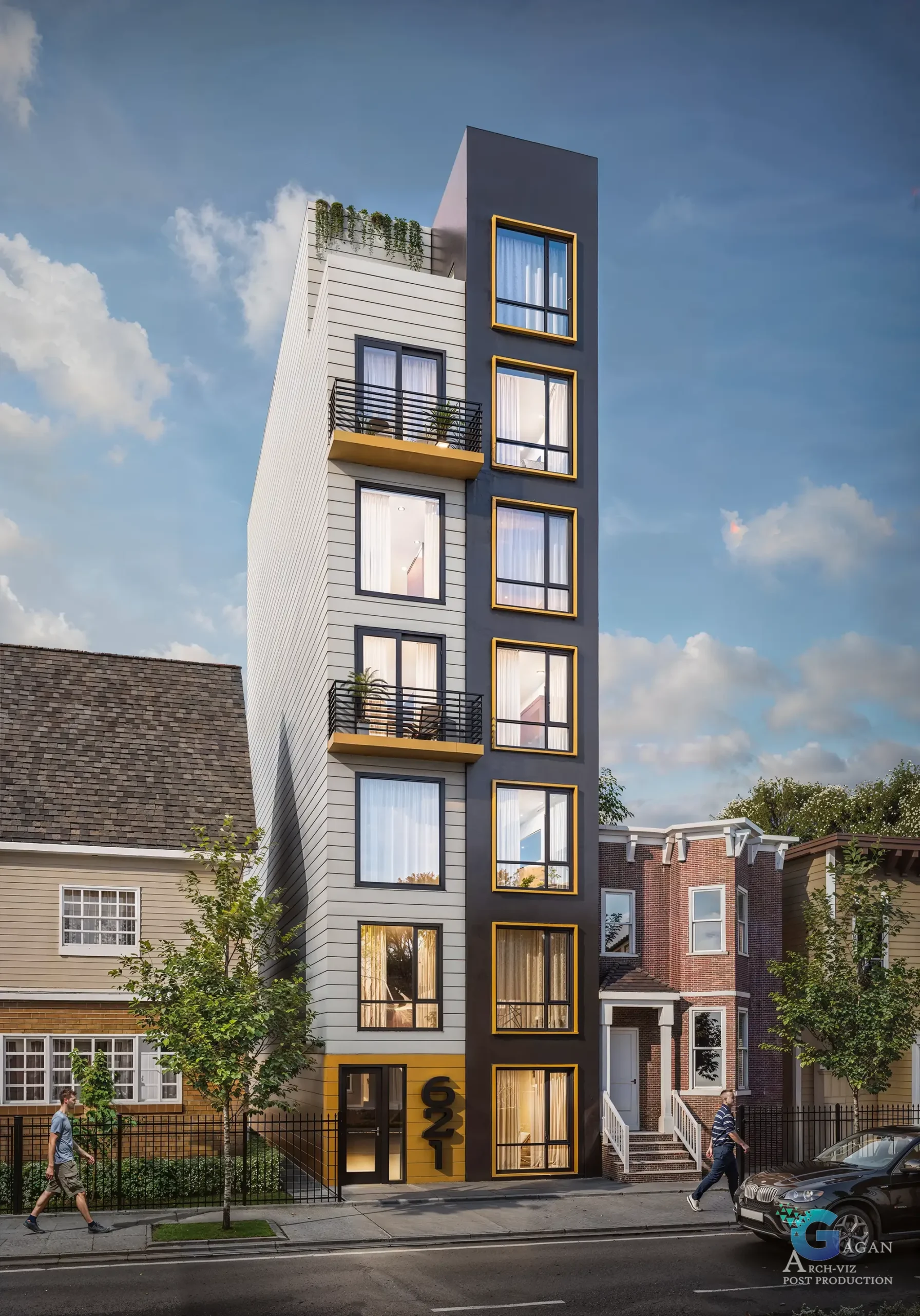Photorealistic 3D rendering of a modern, narrow, six-story residential building 155-Meserole, St-apartment with light and dark facade, yellow accents, large glass windows, and balconies, situated in an urban neighborhood with older houses, a parked car, and pedestrians, showcasing architectural visualization and realistic textures.