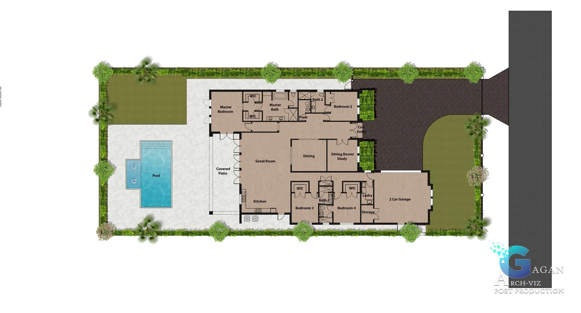 House floor plan with three bedrooms, a master suite, open kitchen, living area, 2-car garage, and pool by a covered patio. 2D color rendering