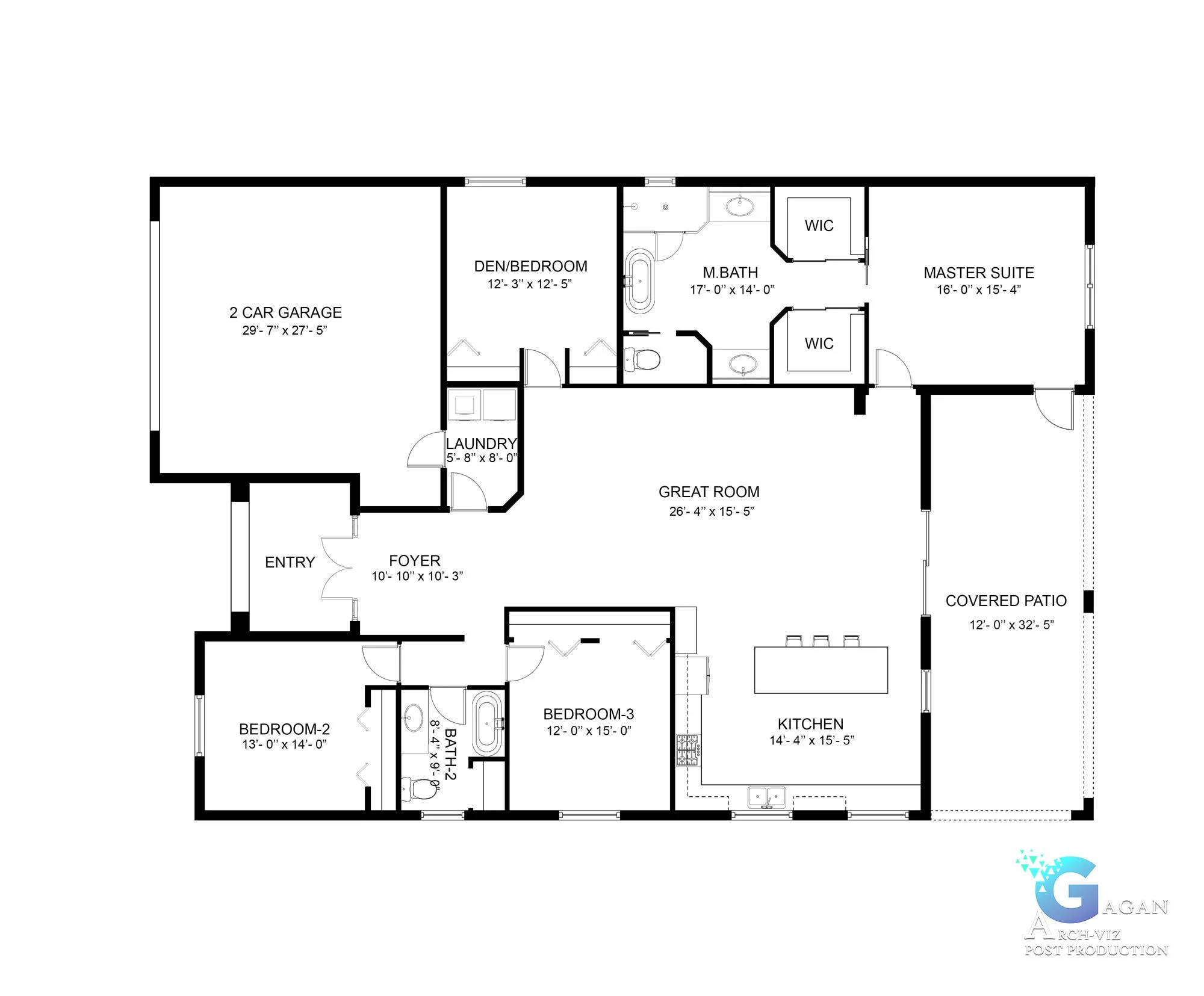 2d Detailed house floor plan render showcasing room layouts with labeled dimensions, including bedrooms, kitchen, garage, and living areas.