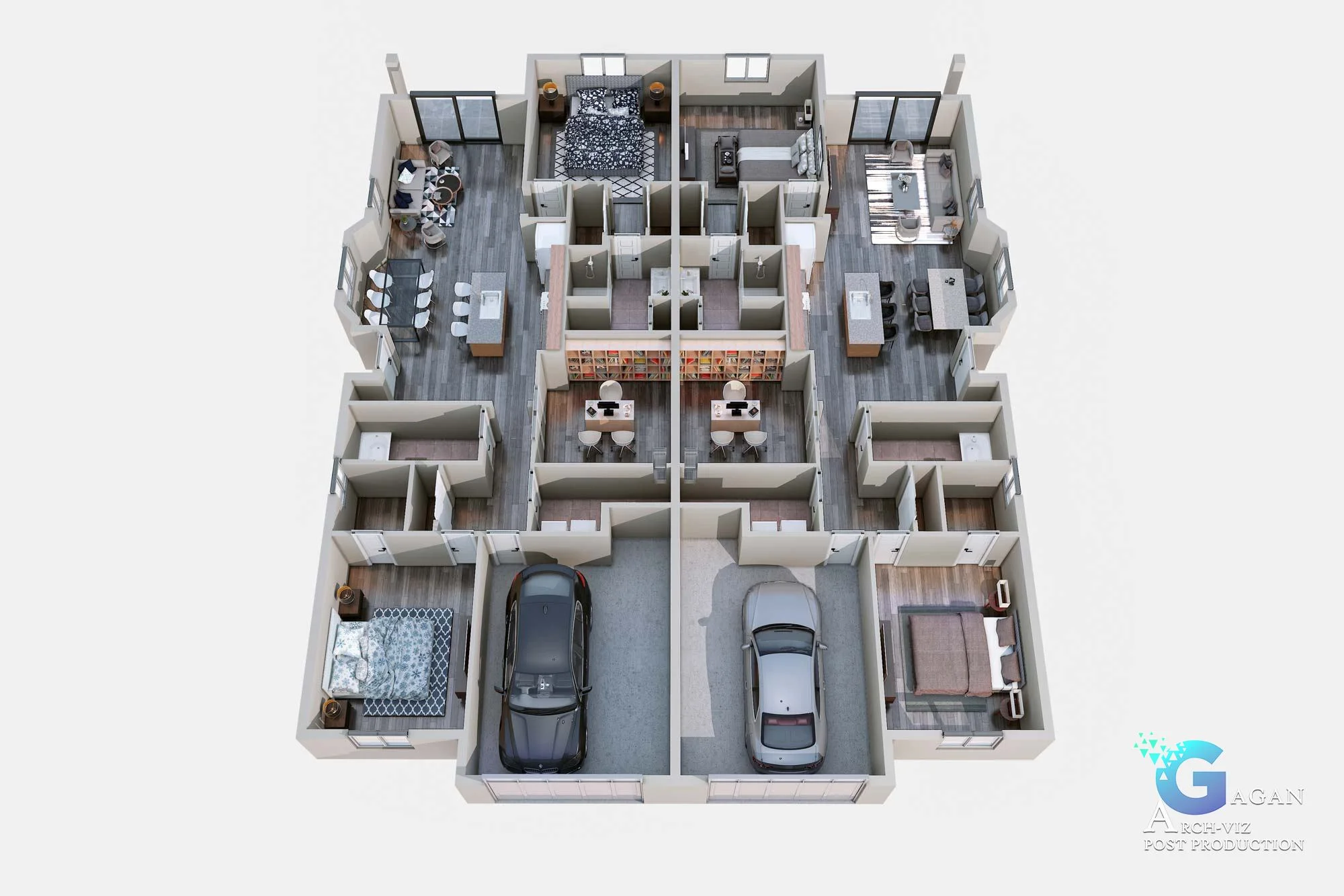 Detailed house floor plan with labeled bedrooms, bathrooms, living area, kitchen, laundry, garage, and outdoor patio