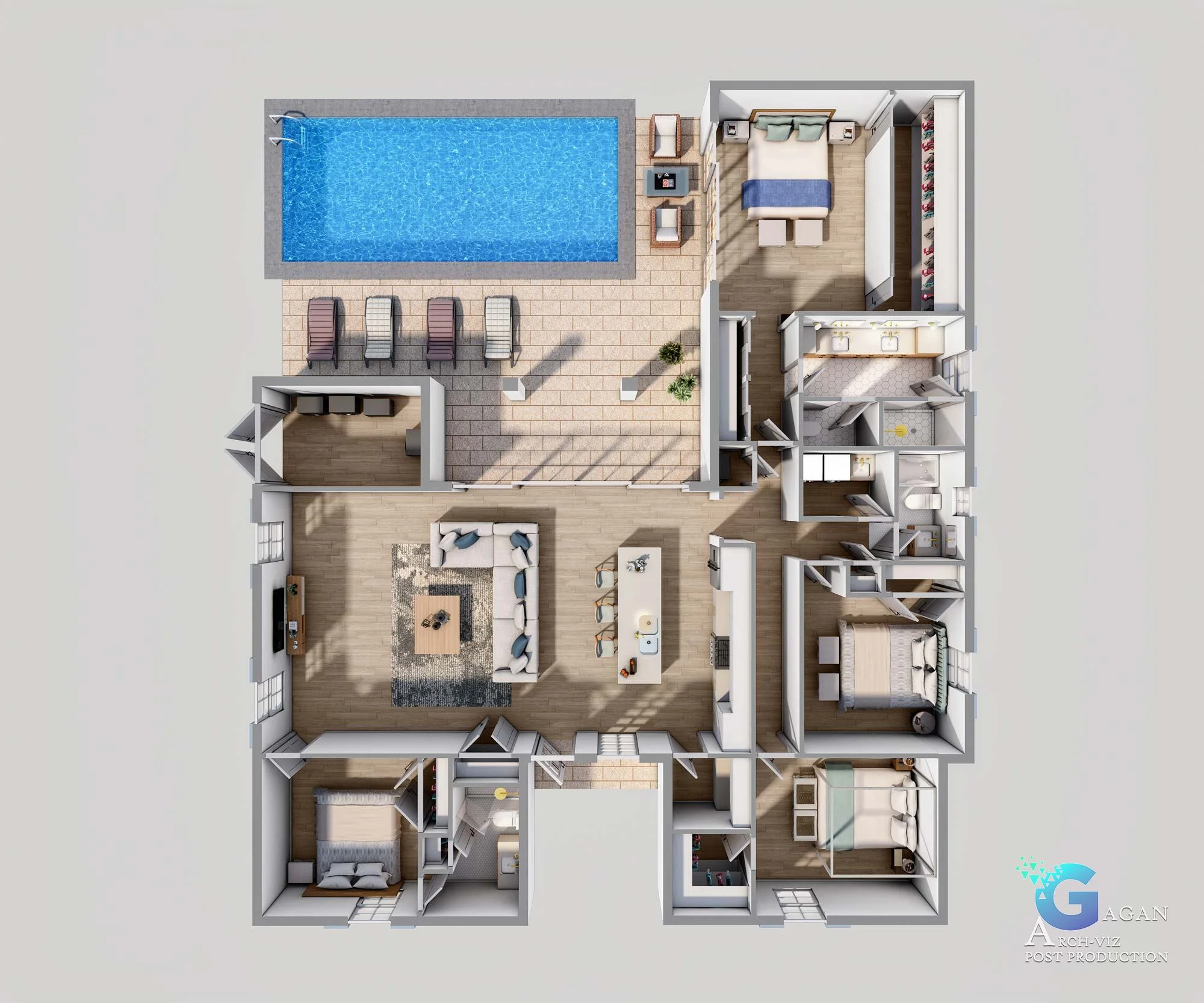 3D House floor plan with a swimming pool, master bedroom, kitchen island, living room with sectional sofa, dining area, laundry room, and study. based in 336 Russlyn Drive