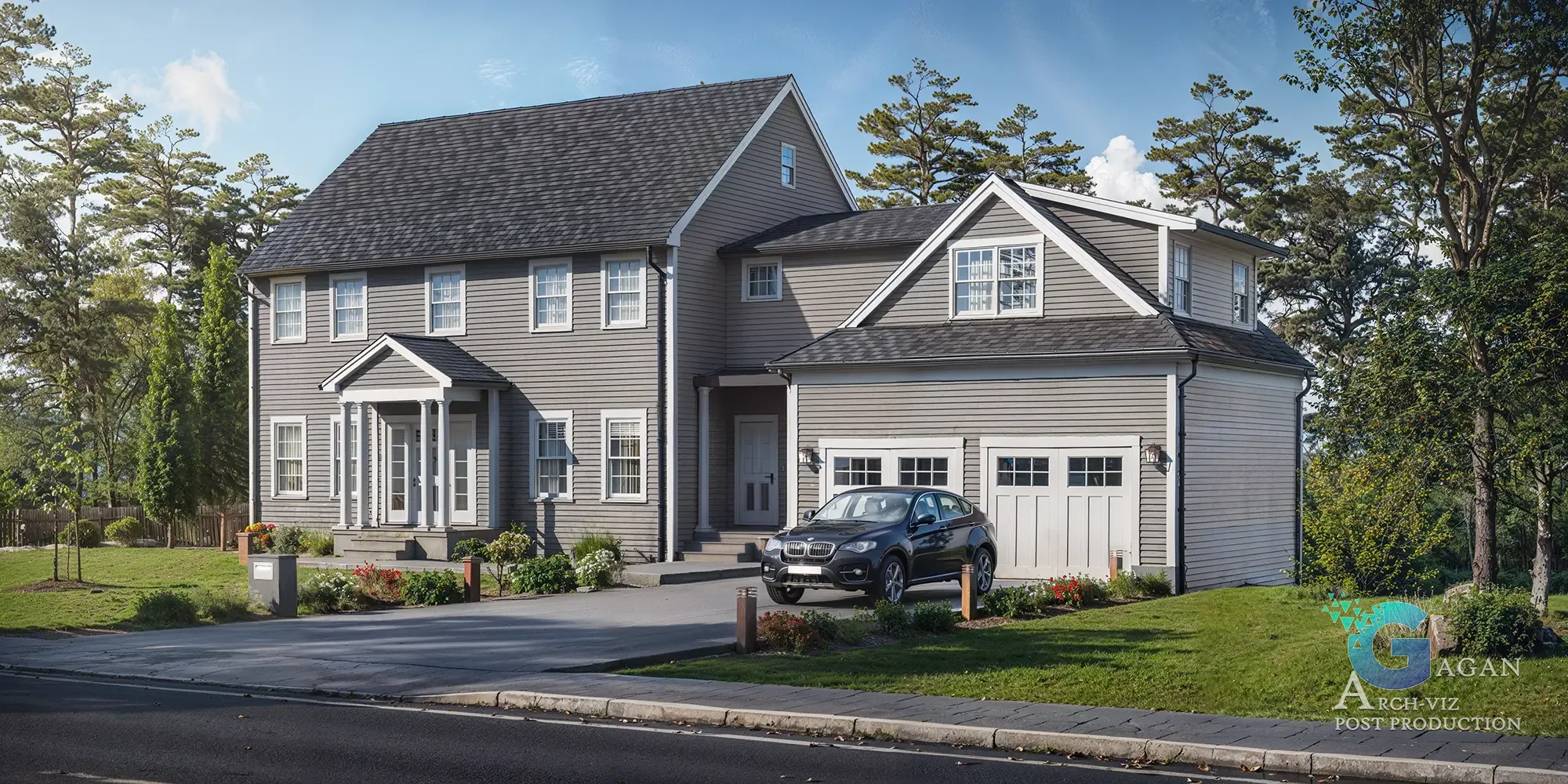 Photorealistic 3D rendering of a two-story house 354-Cross-St-High with a gray exterior, white trim, attached garage, and front porch with columns, surrounded by a landscaped lawn with flowers and shrubs, showcasing architectural visualization and realistic textures under a clear blue sky