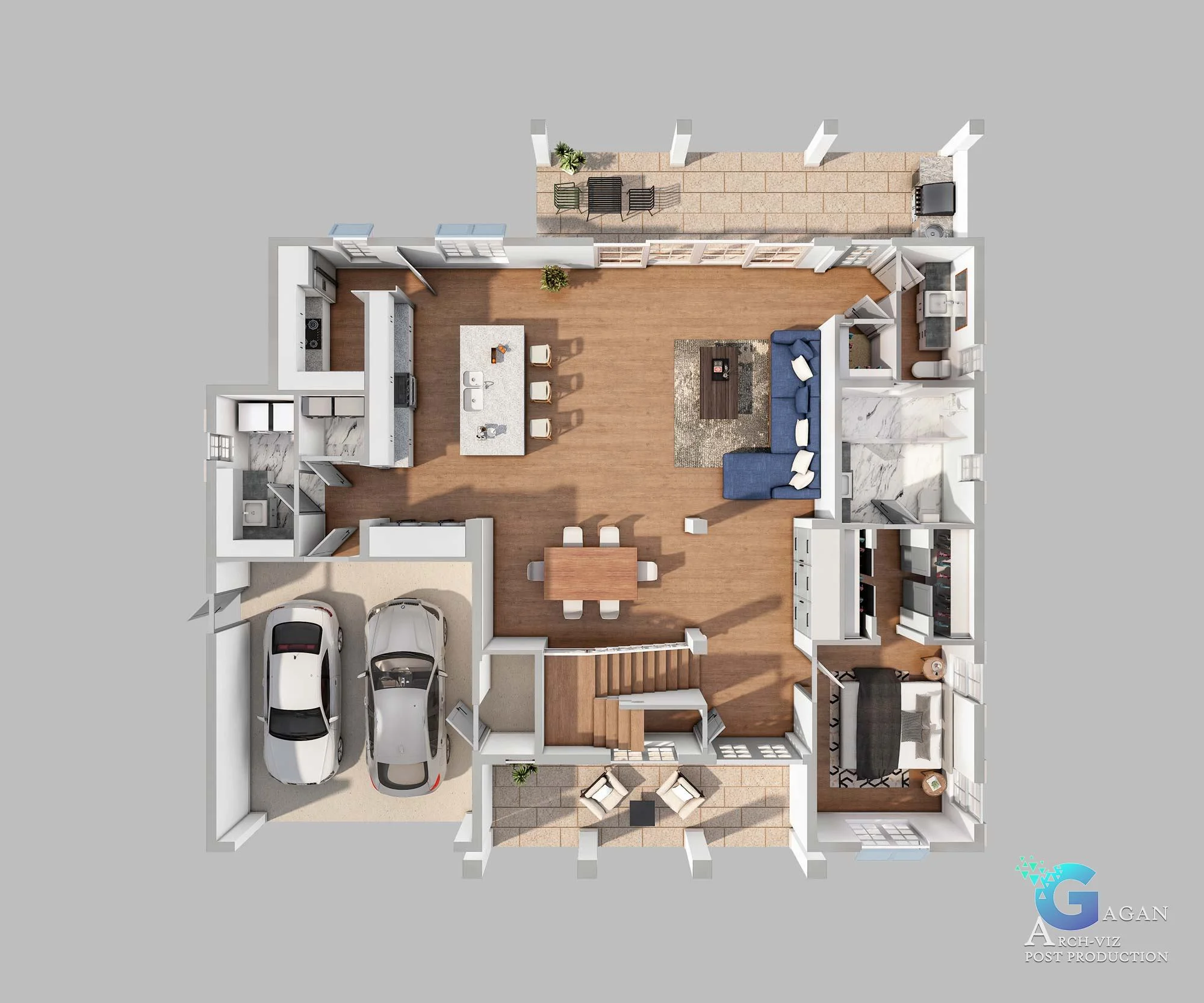 Detailed 3d CGI house floor plan for single family level 1 with labeled bedrooms, bathrooms, living area, kitchen, laundry, garage, and outdoor patio.
