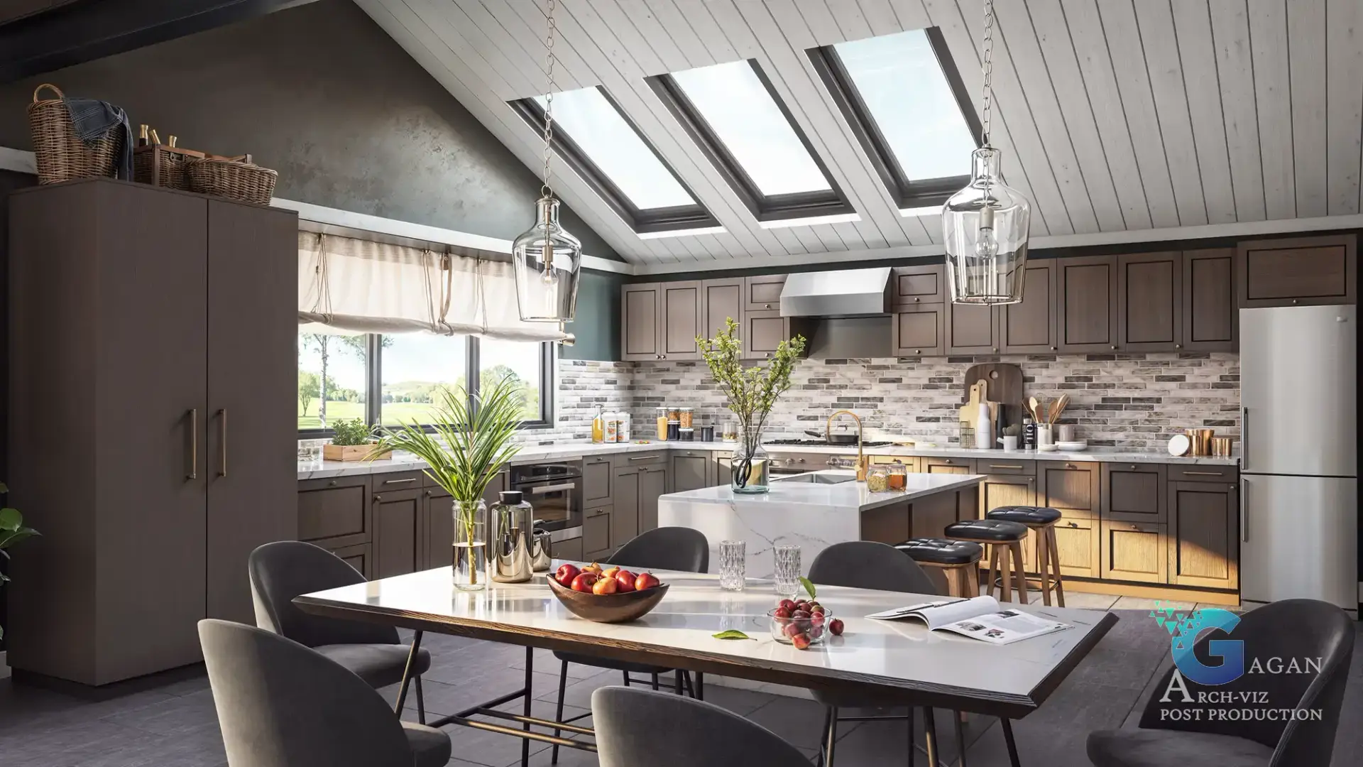 Modern luxury kitchen with skylights, dark wood cabinets, marble island, and elegant dining setup, enhanced with architectural visualization post-production.