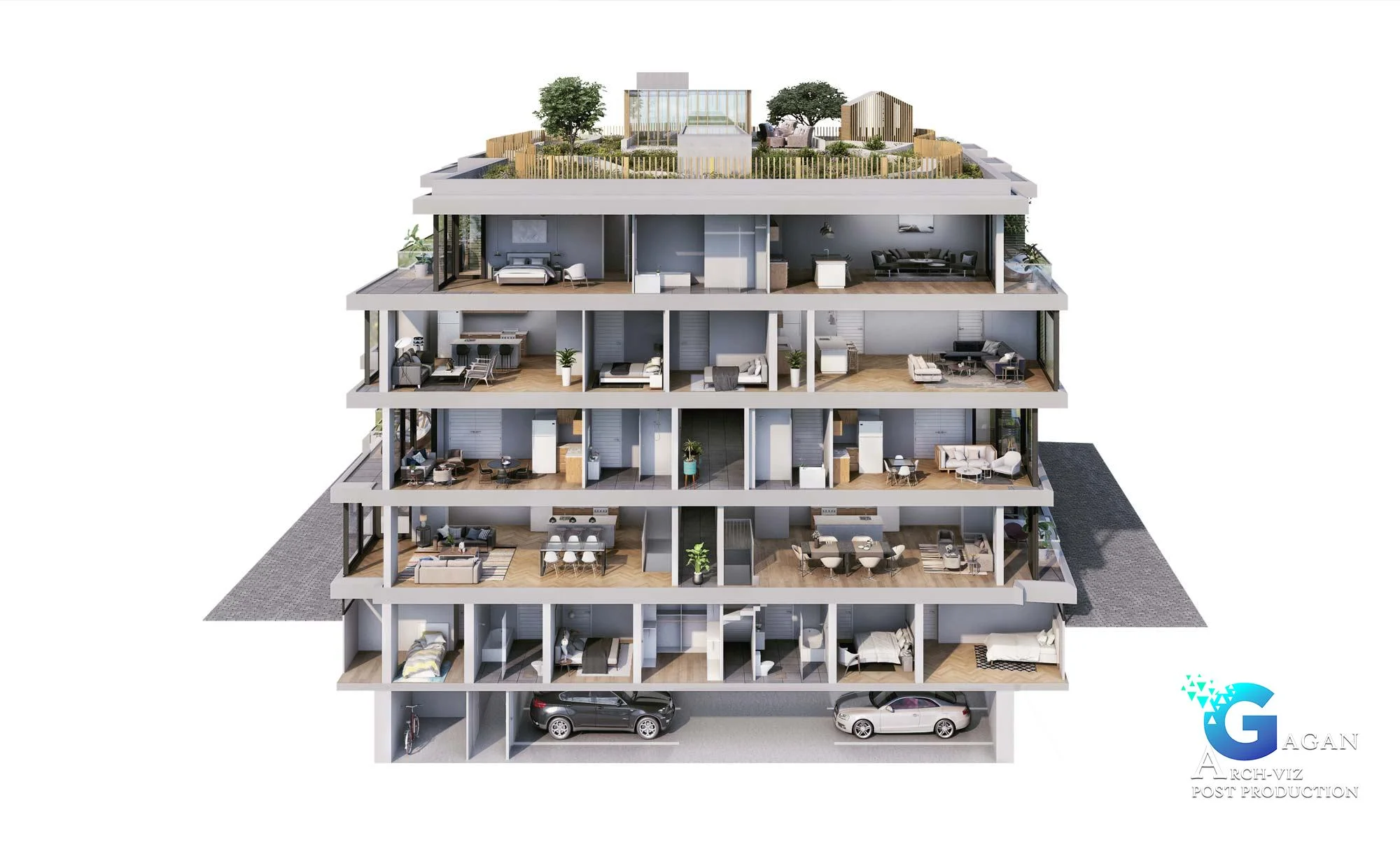 3d Cross-section view of a multi-story residential building, showcasing apartments with furniture, a rooftop garden, and a ground-level parking area