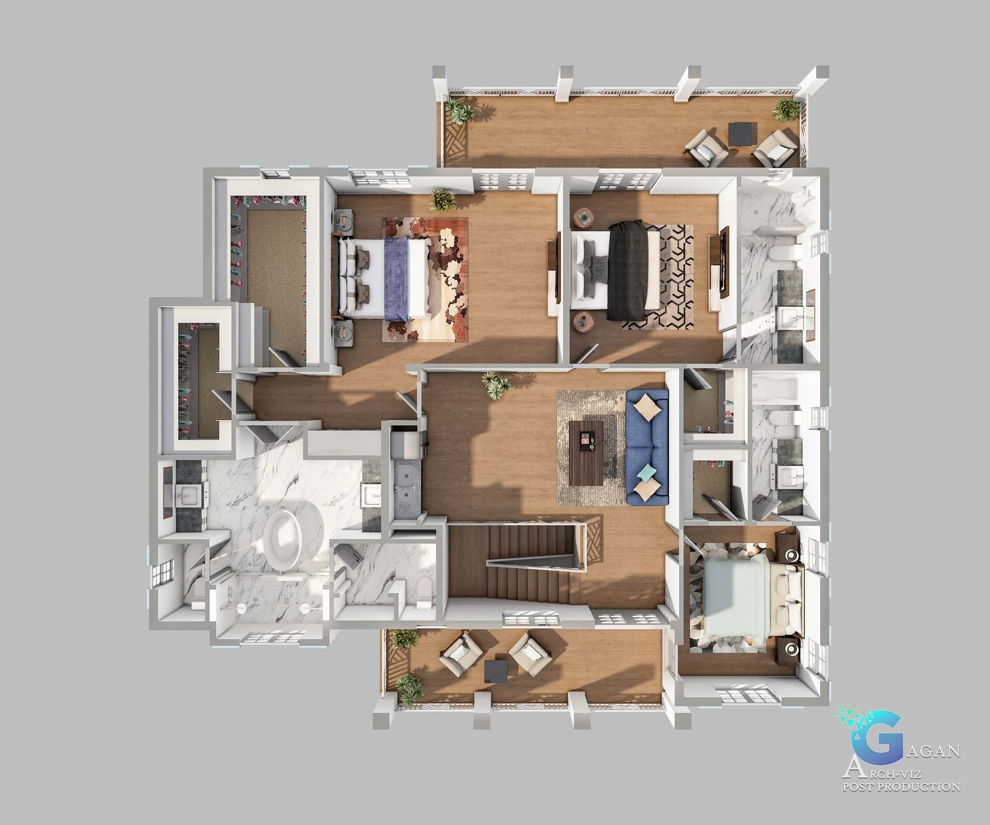 3D apartment floor plan displaying a practical layout with a kitchen, dining area, living room, two bedrooms, a bathroom, and a balcony with outdoor furniture.